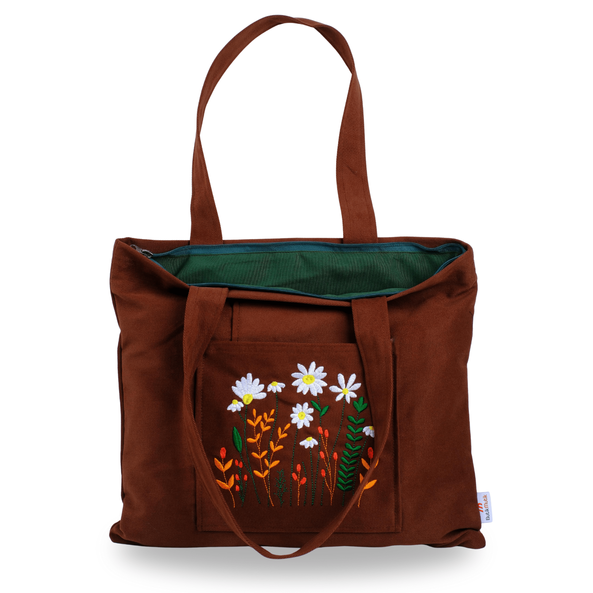 Dark brown canvas bag with daisy garden embroidery – lined & washable – Canvasbag