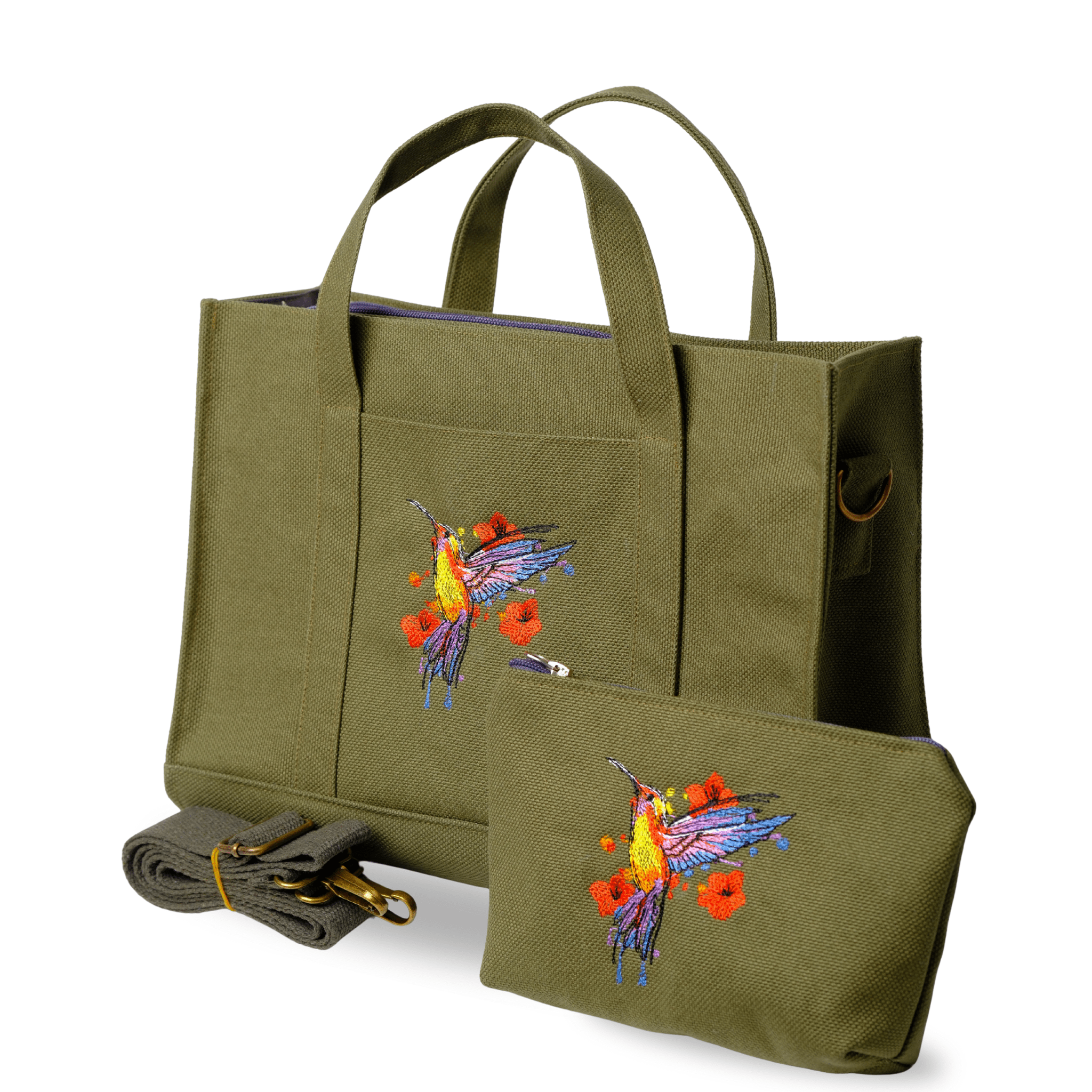 HUMMİNGBİRD - Khaki green canvas tote and wallet set with hummingbird embroidery – Canvasbag