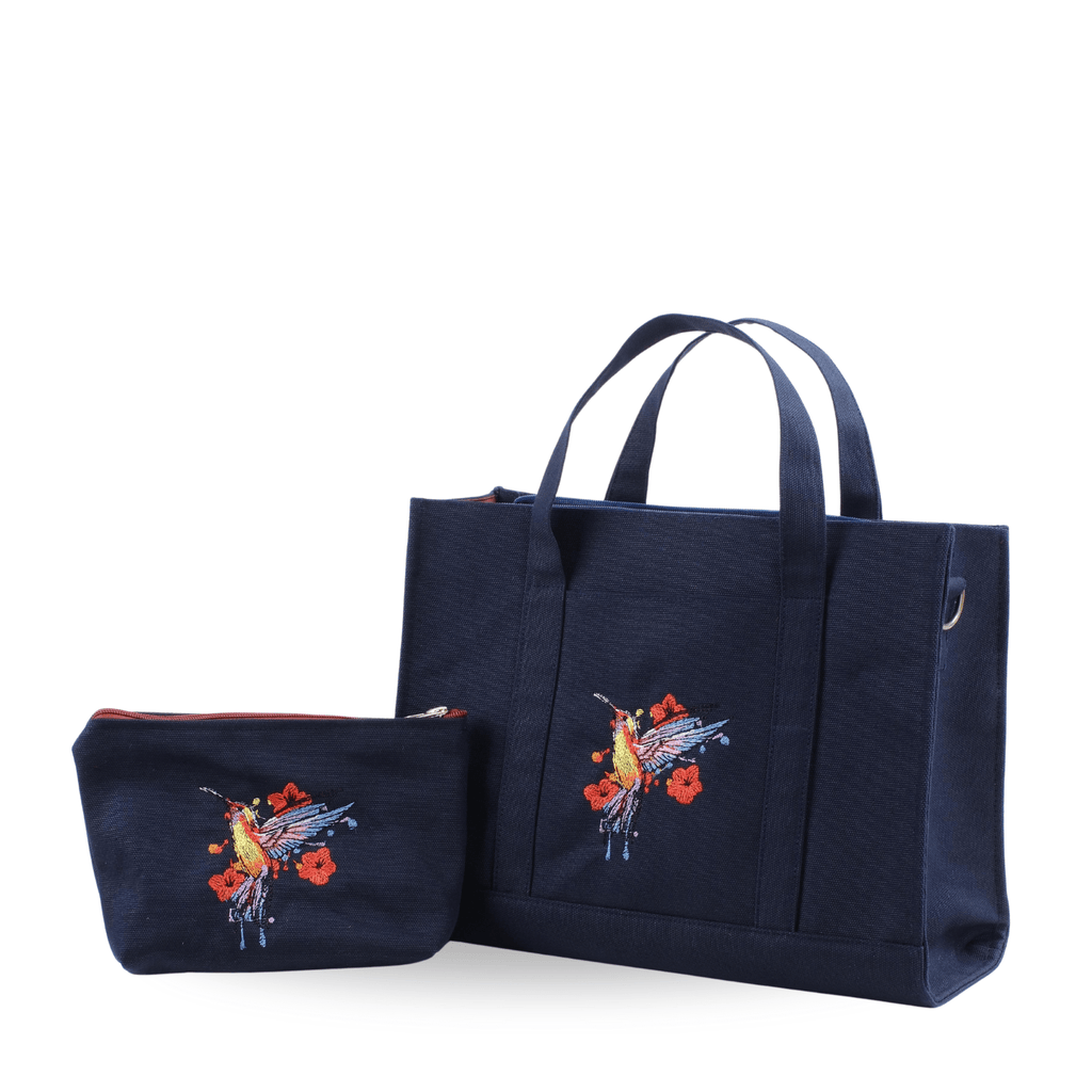 HUMMİNGBİRD - Dark navy canvas tote and wallet set with hummingbird embroidery – Canvasbag