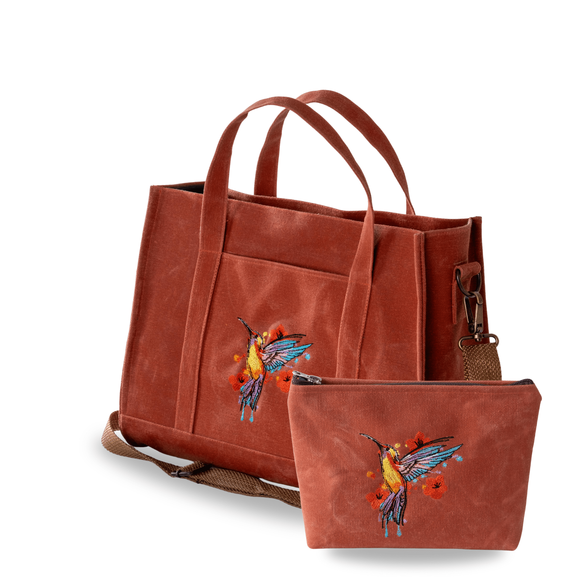 HUMMİNGBİRD - Terracotta canvas tote and wallet set with hummingbird embroidery – Canvasbag