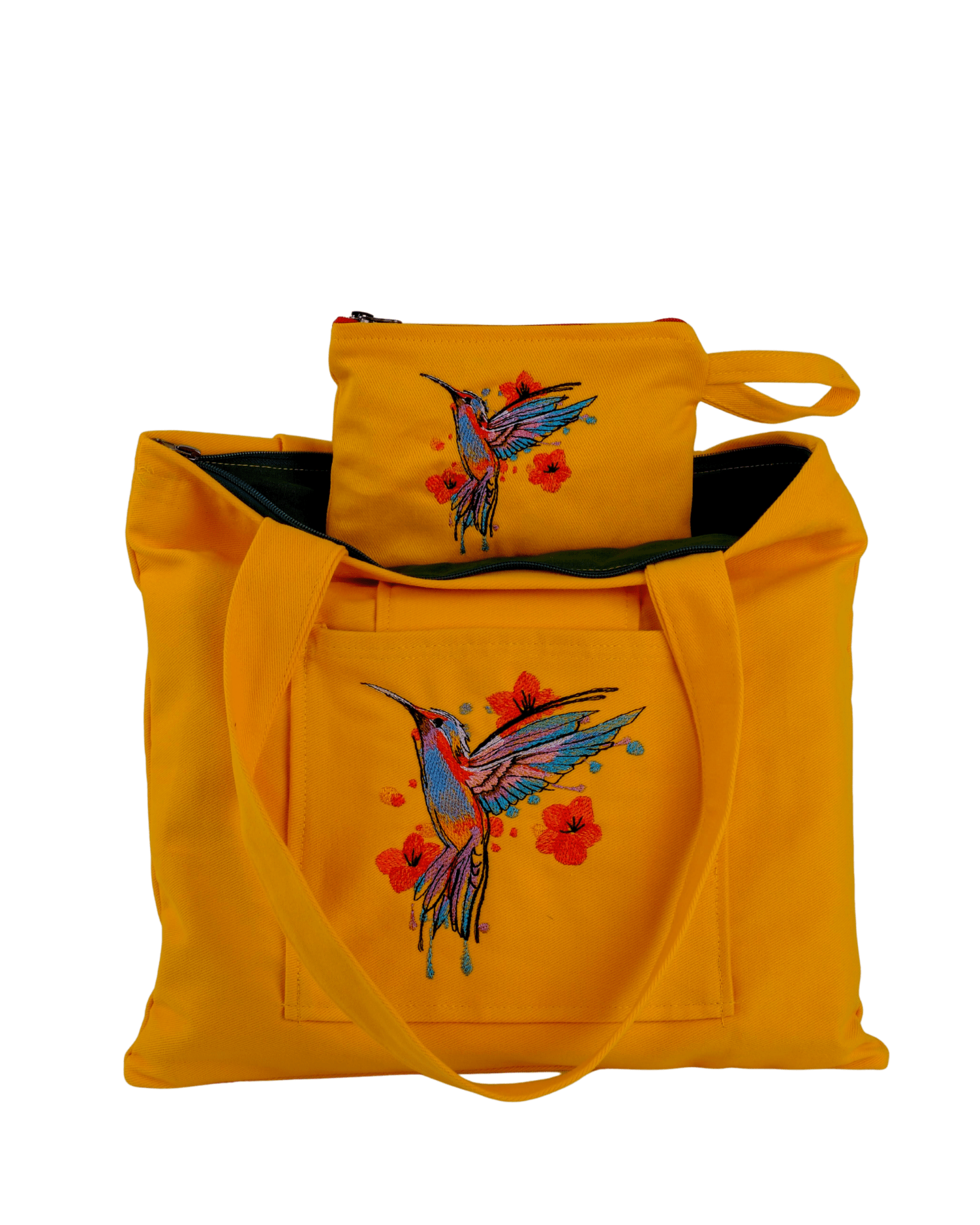 yellow canvas shoulder bag with hummingbird motif – handmade – Canvasbag