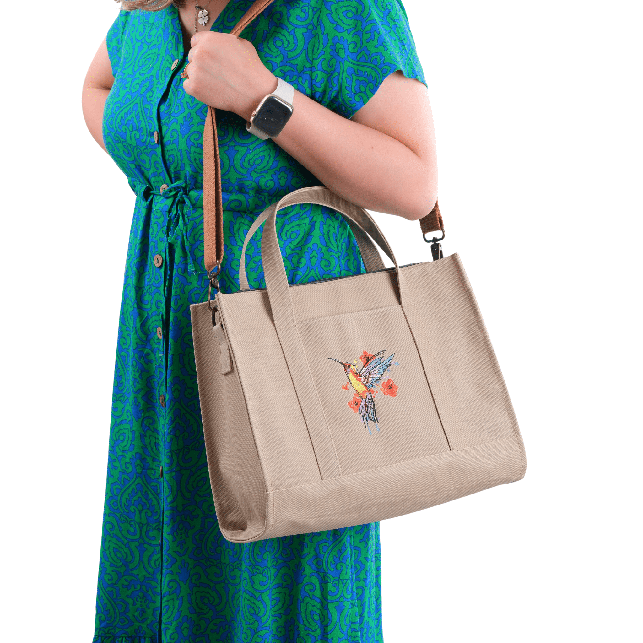 HUMMİNGBİRD - Woman holding embroidered canvas handbag – Canvasbag Hummingbird Collection