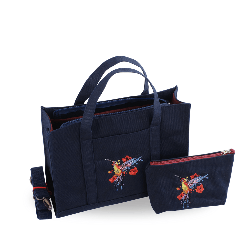 HUMMİNGBİRD - Dark navy canvas tote and wallet set with hummingbird embroidery – Canvasbag