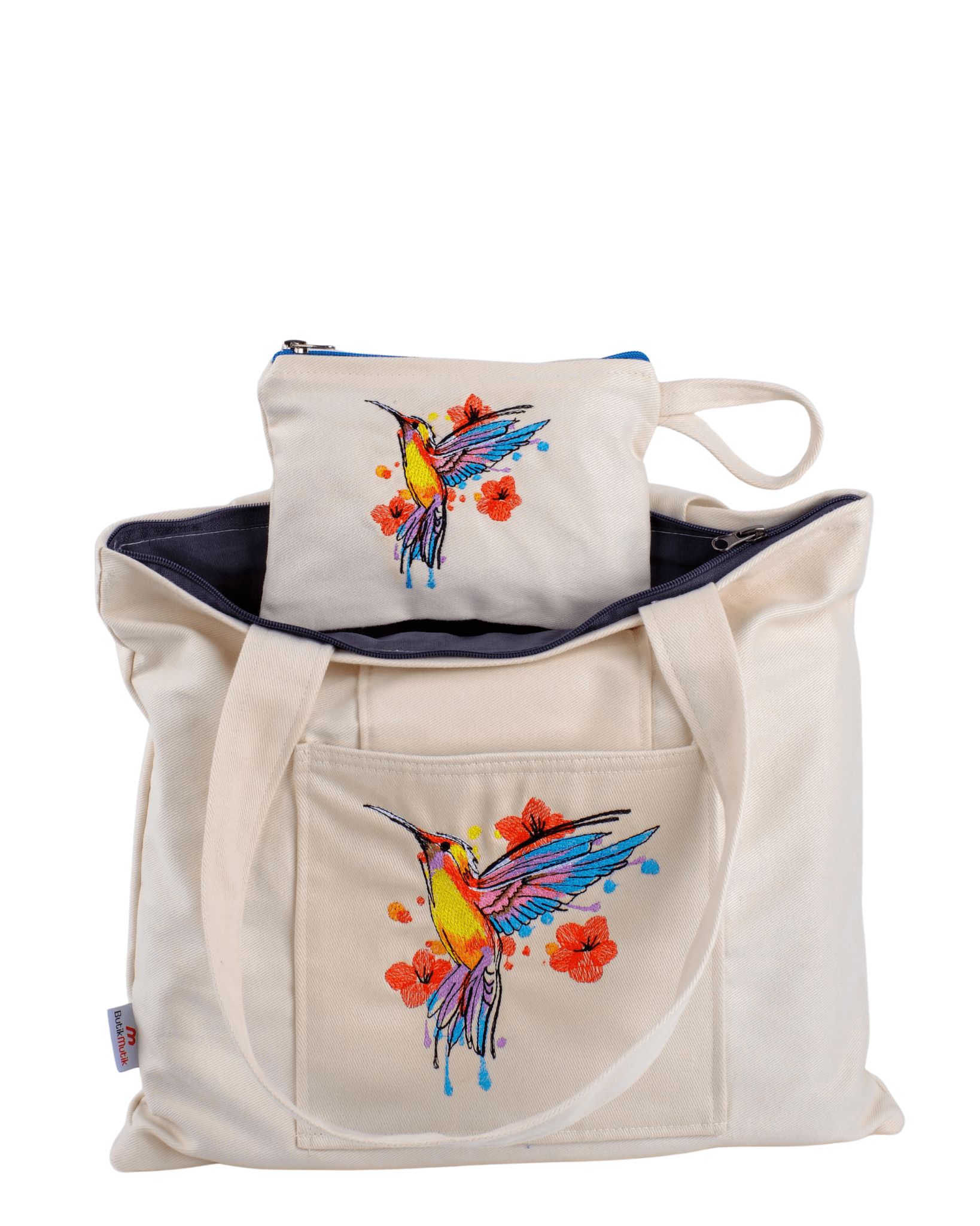 op view of cream canvas bag with hummingbird embroidery – fully lined – Canvasbag
