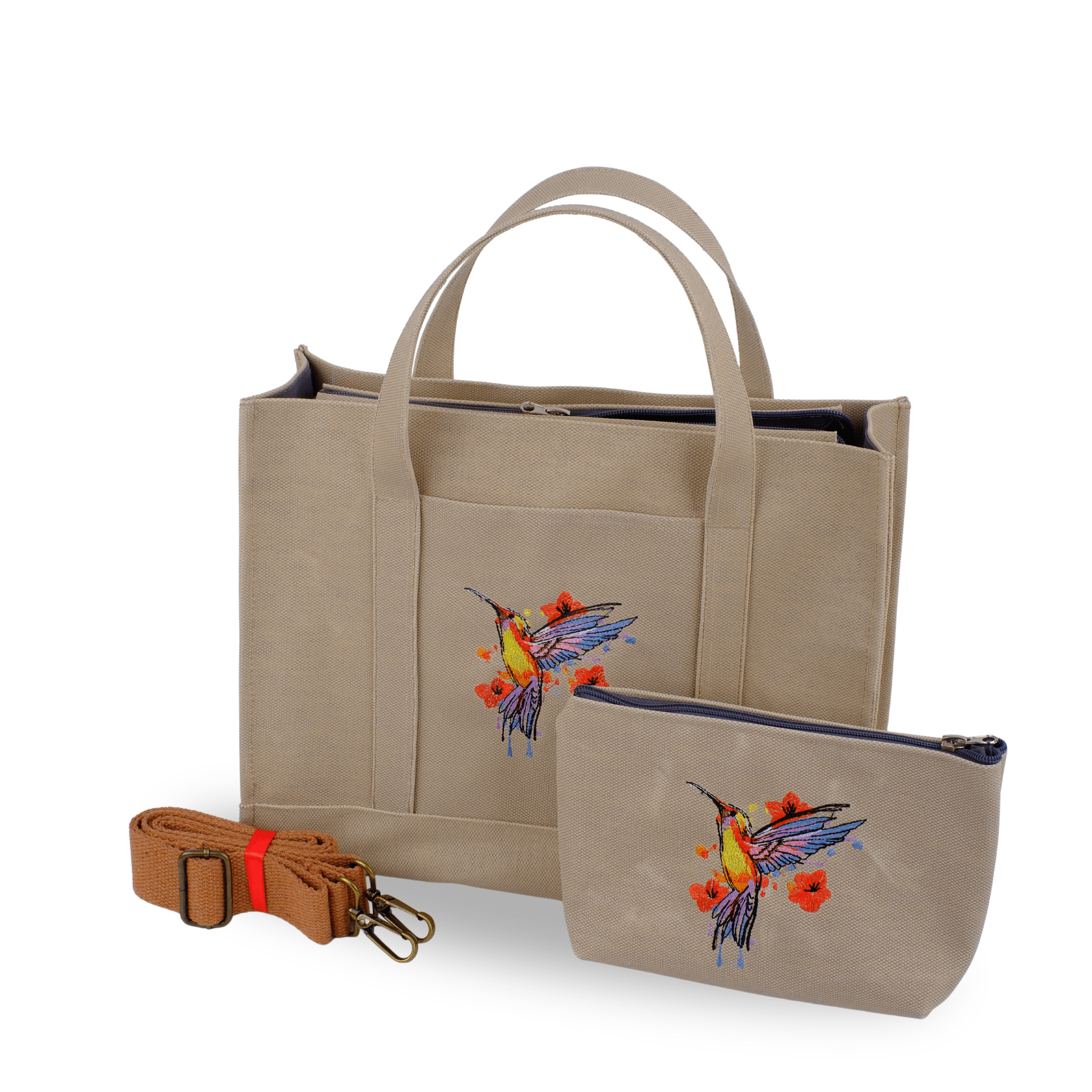 HUMMİNGBİRD - bej canvas tote and wallet set with hummingbird embroidery – Canvasbag