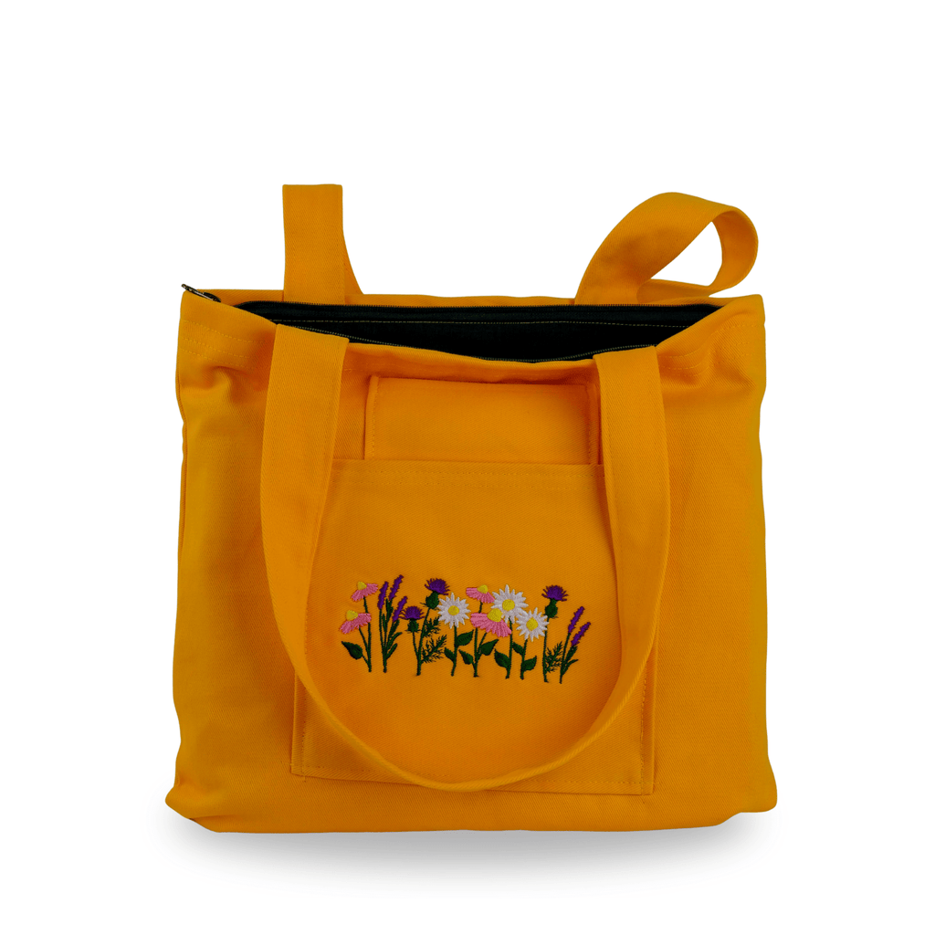Yellow canvas tote with Lavender & Daisy embroidery – canvasbag