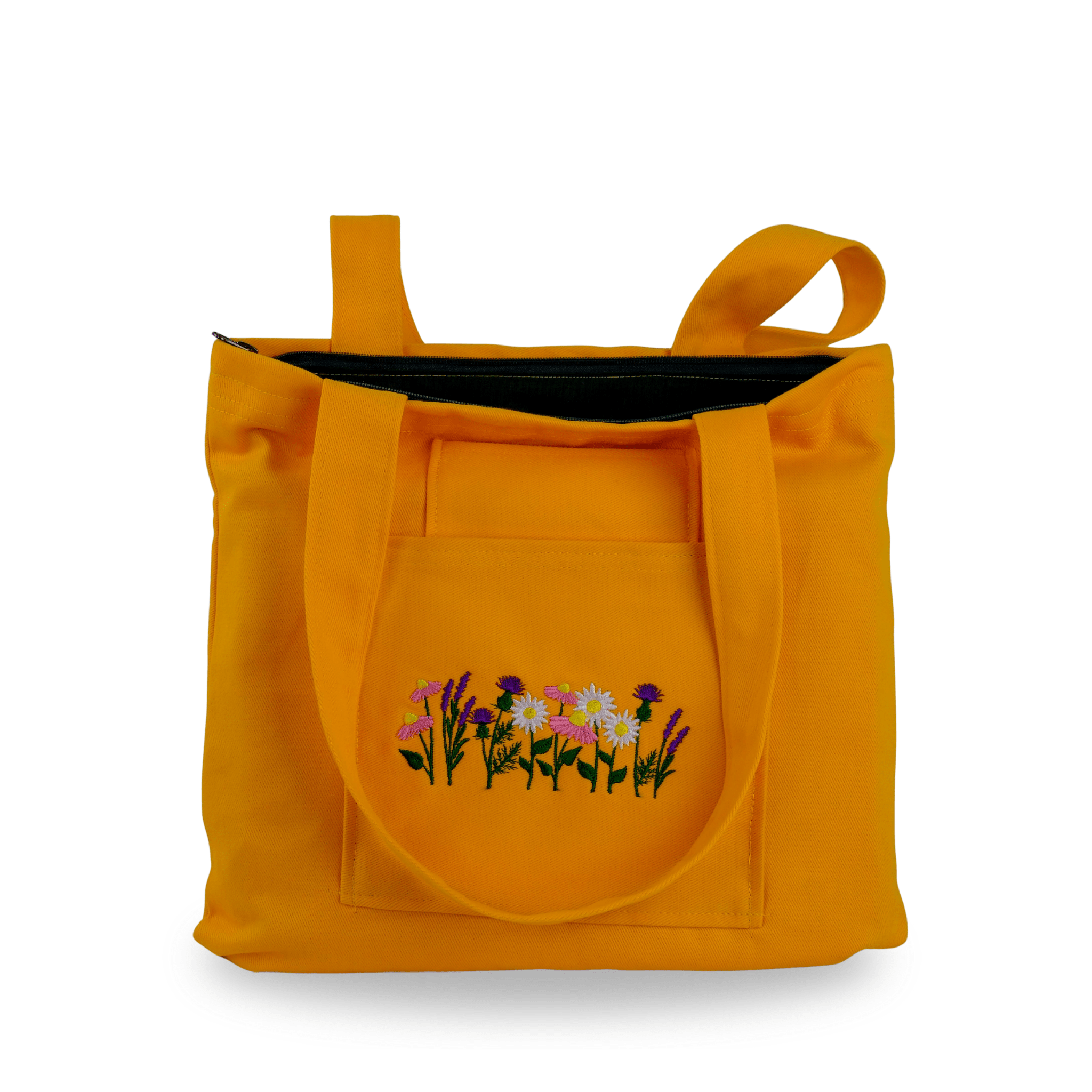 Yellow canvas tote with Lavender & Daisy embroidery – canvasbag