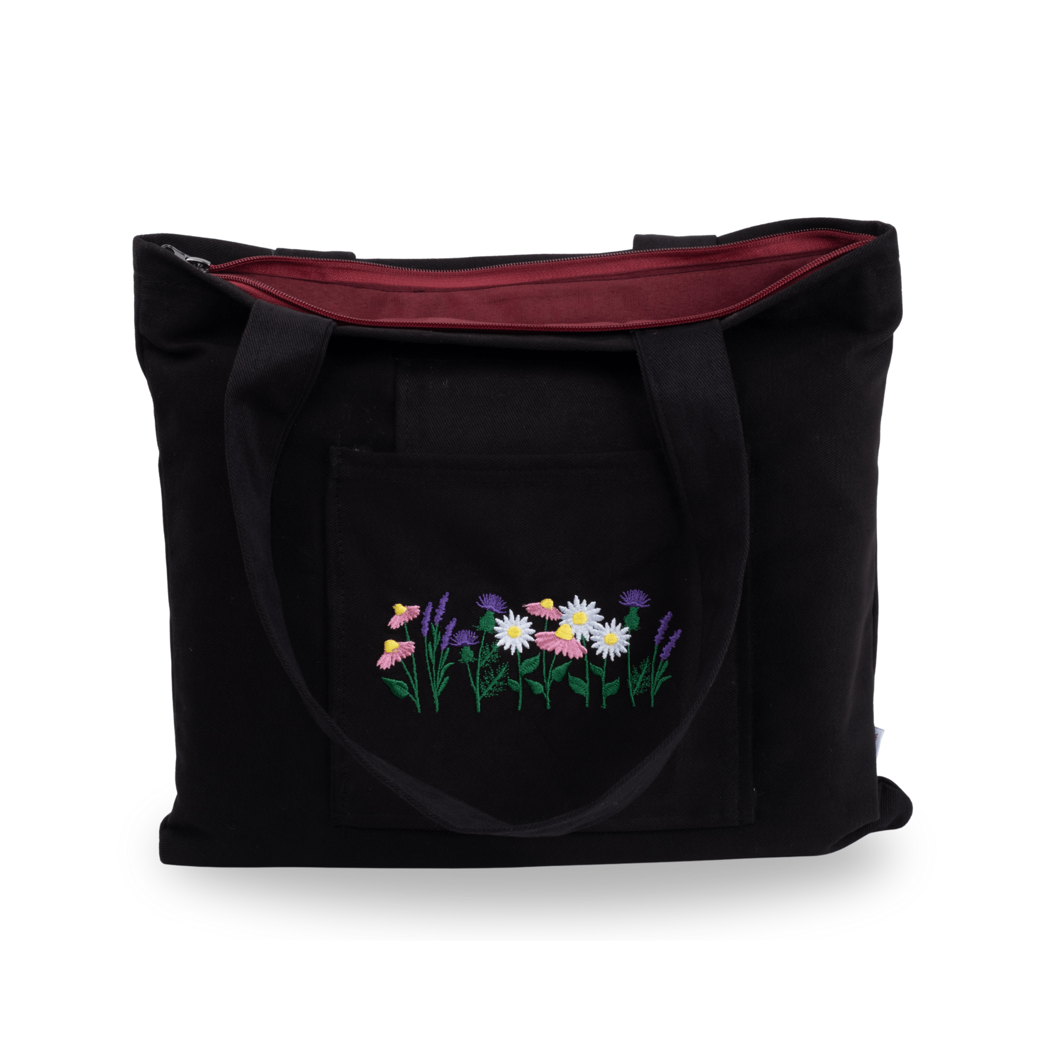 Black canvas bag with lavender and daisy embroidery – canvasbag