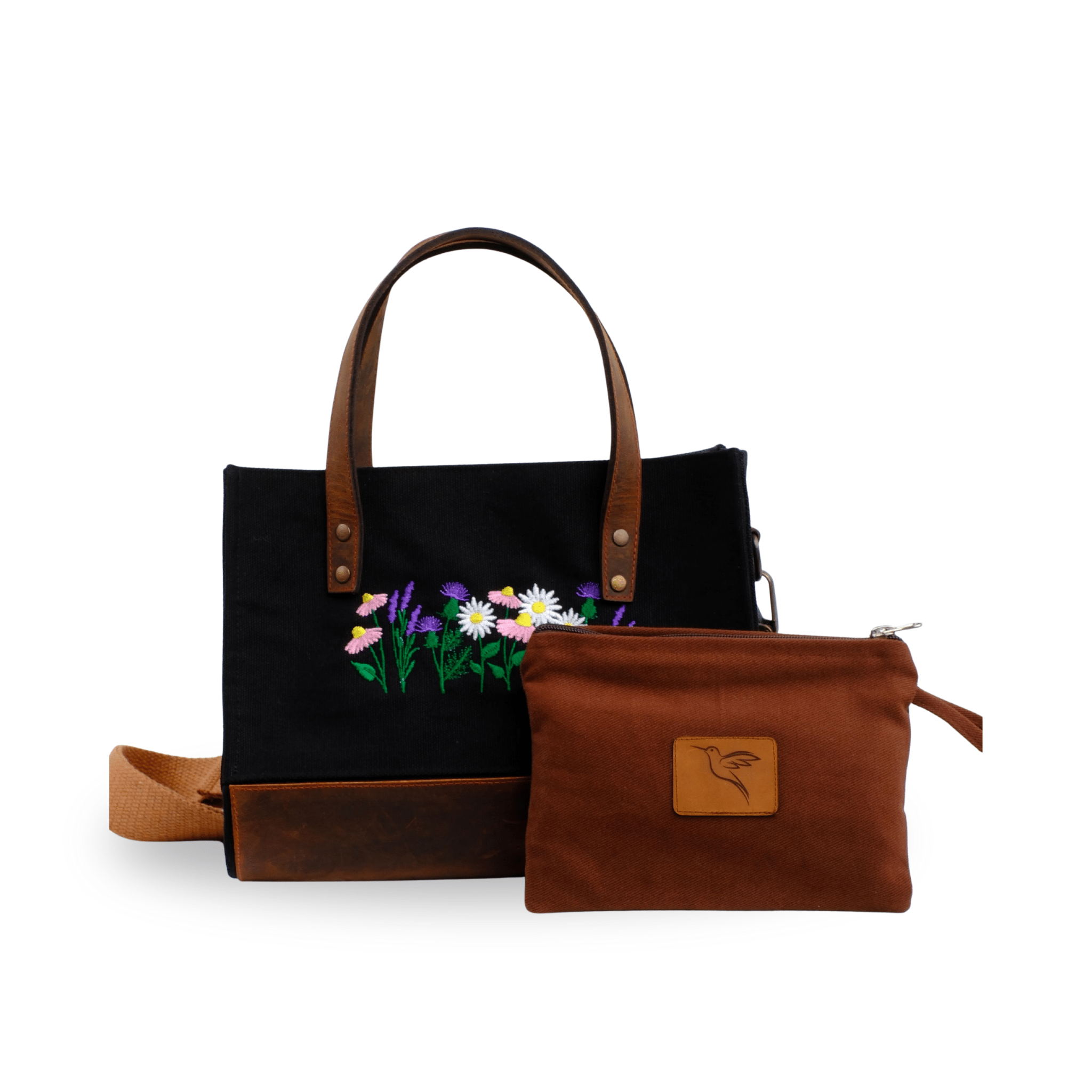 lavender & Daisy embroidered navy canvas bag with dual leather straps - Handmadeg