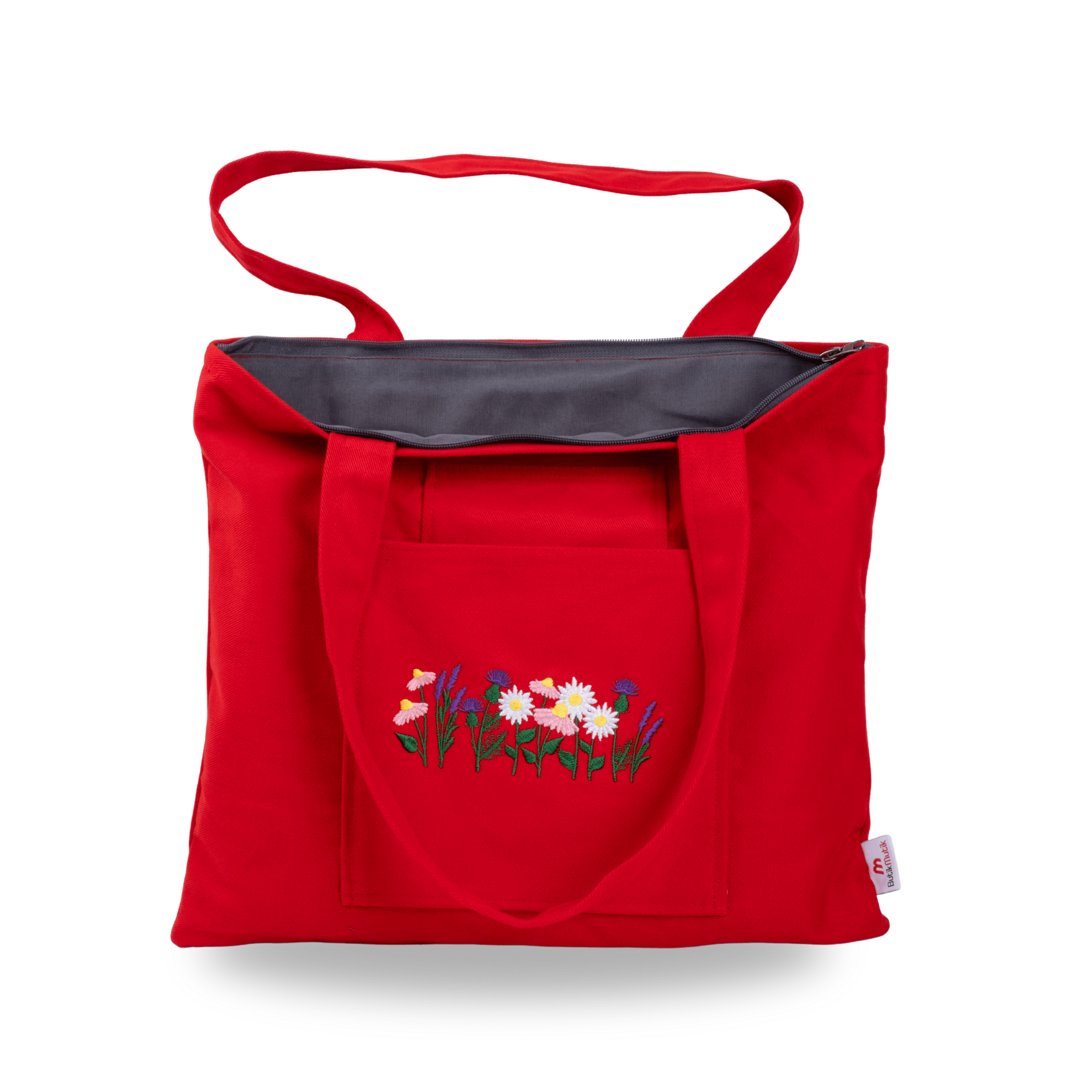 Red embroidered canvas bag with floral Lavender & Daisy design – canvasbag