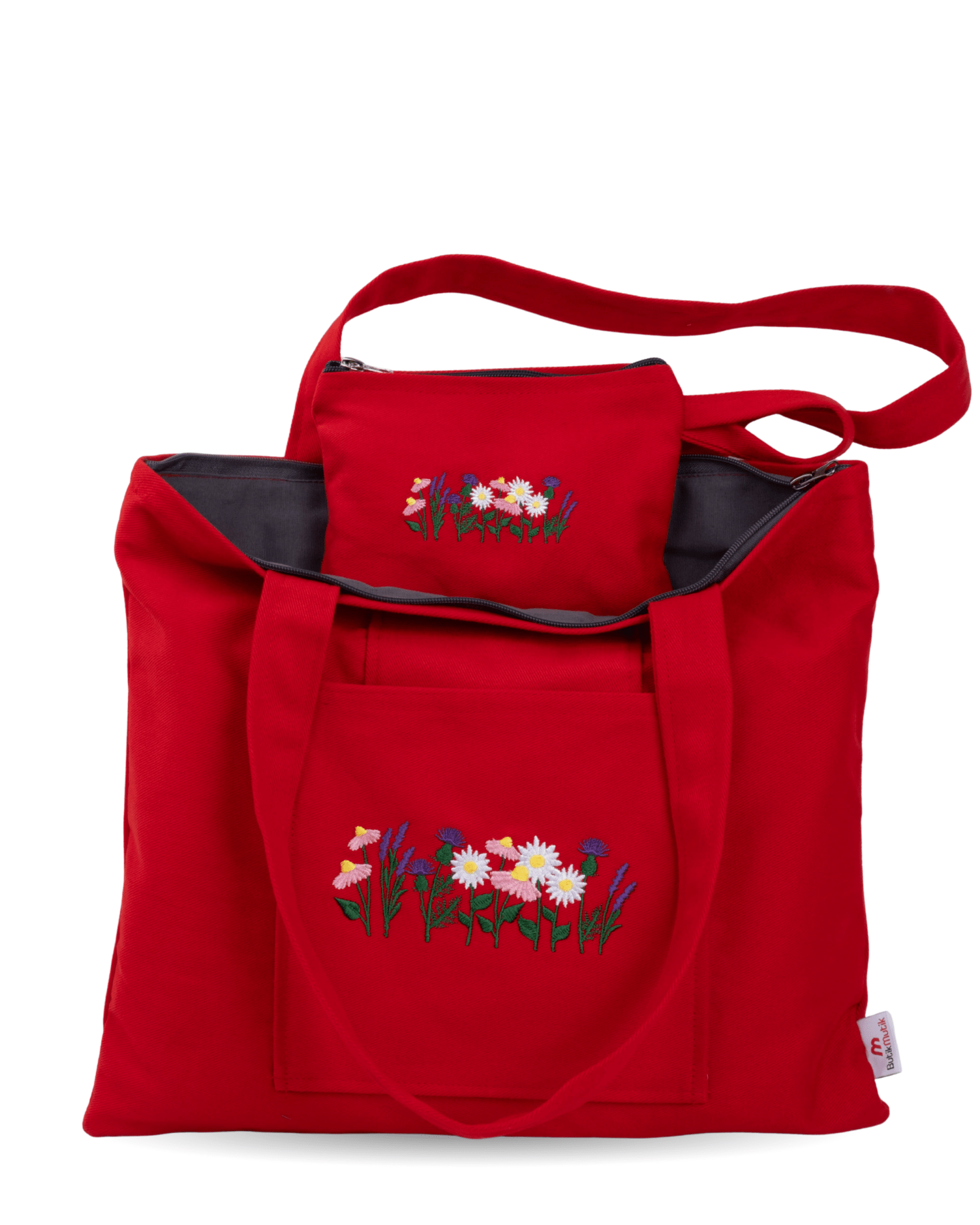 Red canvas bag with lavender and daisy embroidery – canvasbag