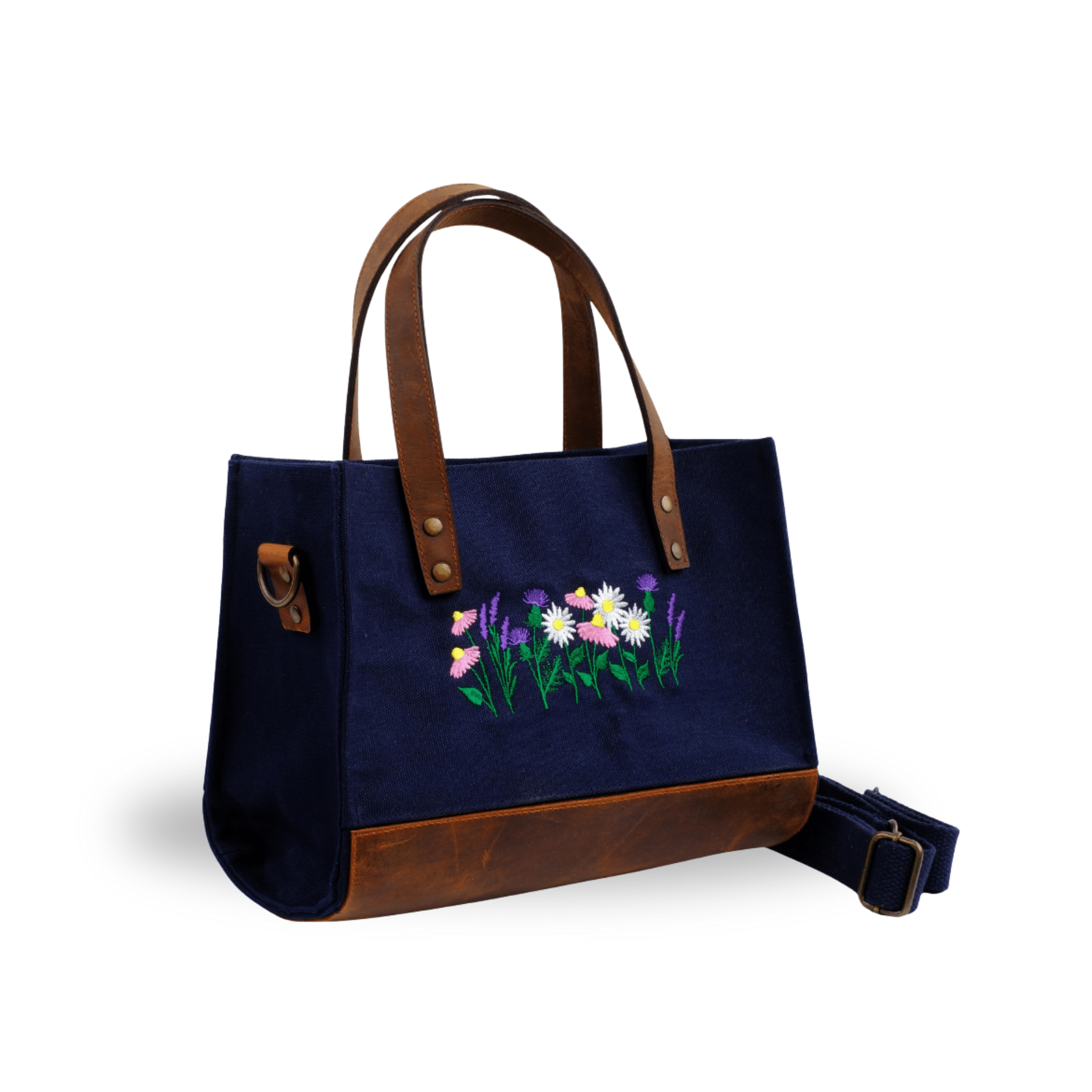 Navy canvas and brown leather shoulder bag with lavender & daisy embroidery - Canvasbag
