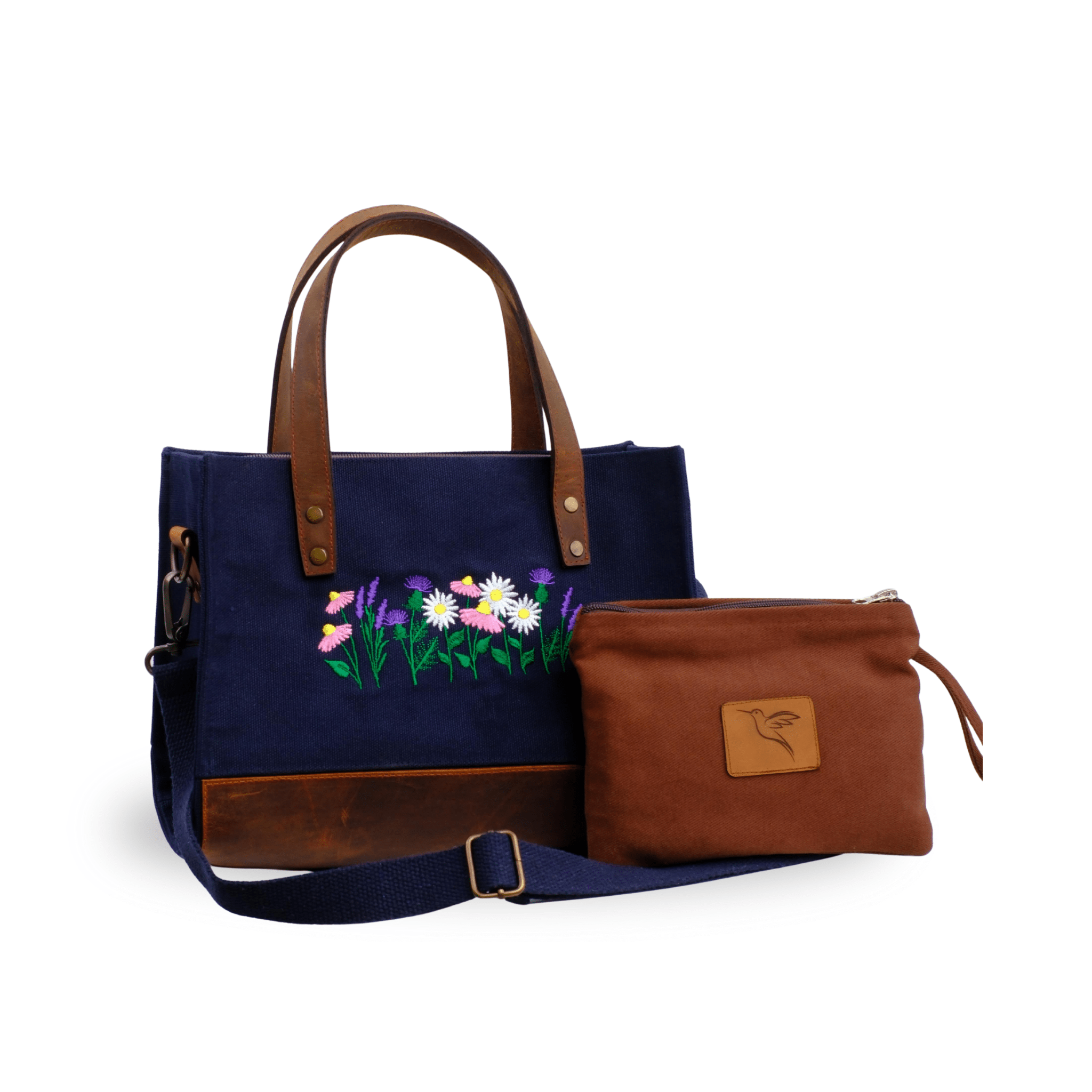 Dark navy canvas crossbody bag with embroidered lavender & daisy motif - Canvasbag