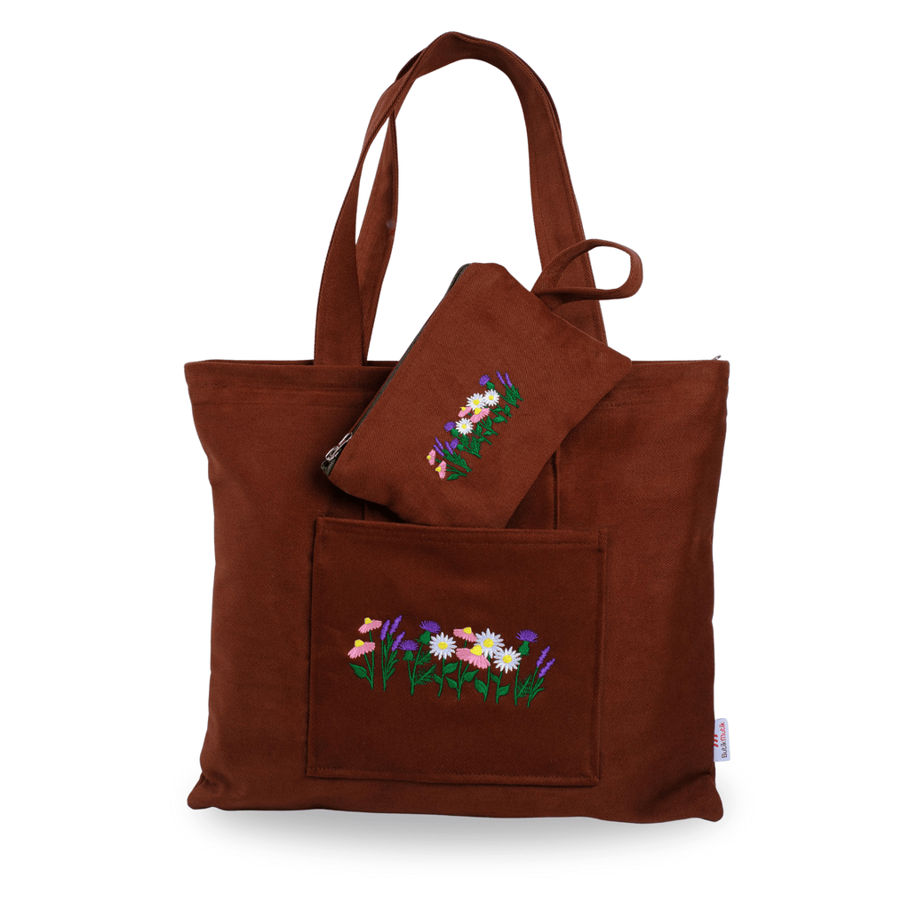 Brown canvas tote with lavender and daisy embroidery – canvasba