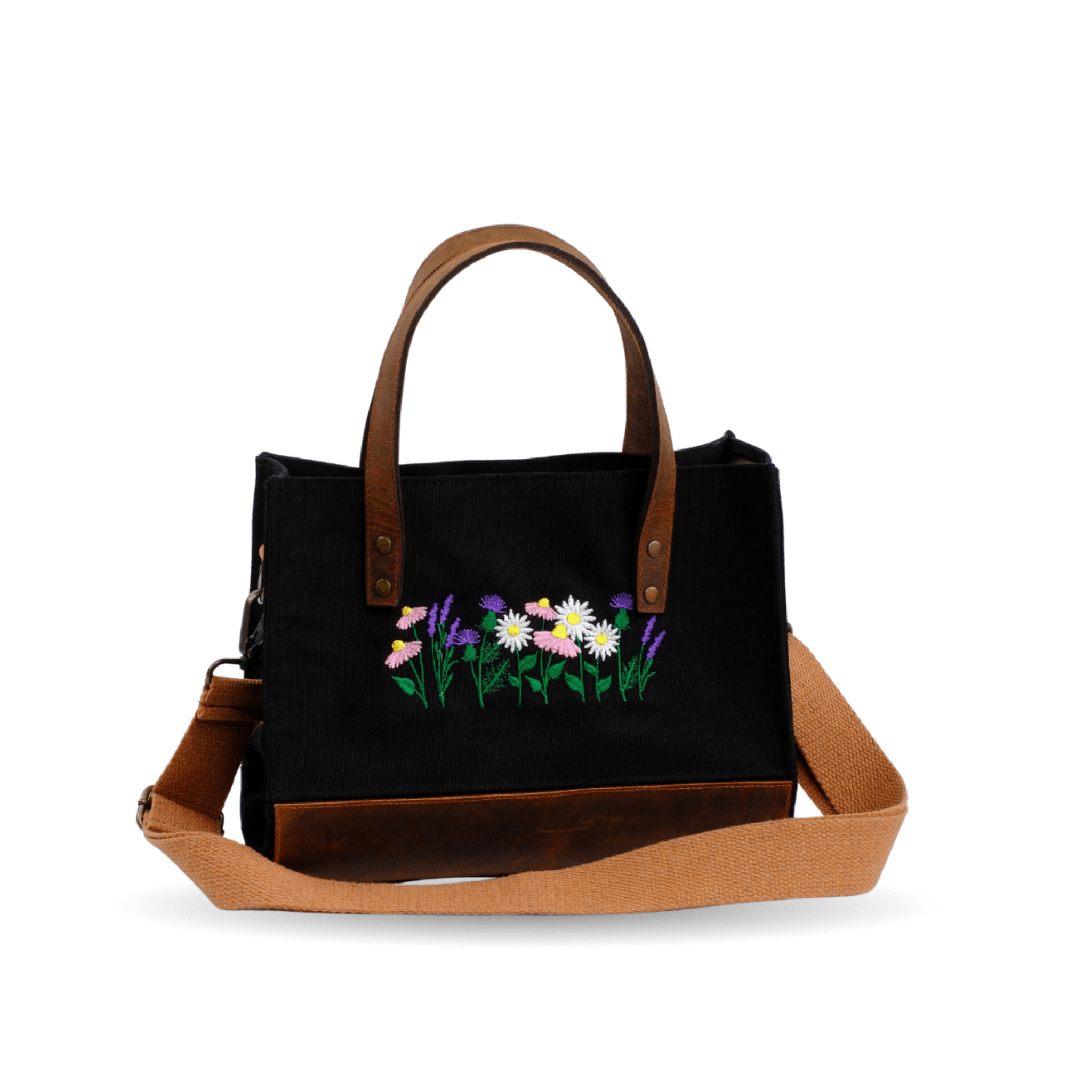 Black canvas shoulder bag with genuine leather details and floral embroidery - Lavender & Daisy
