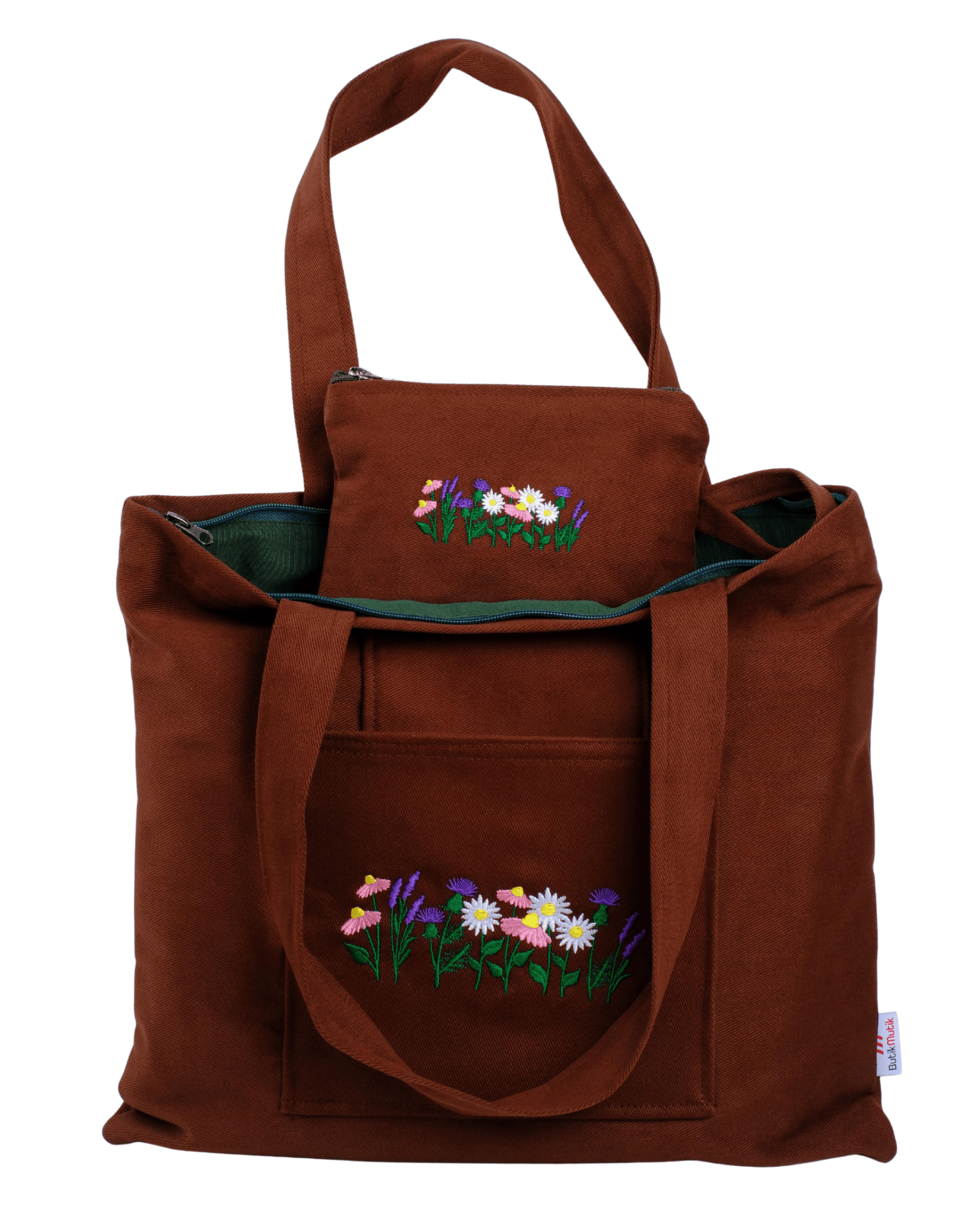 Brown canvas tote with lavender and daisy embroidery – canvasbag