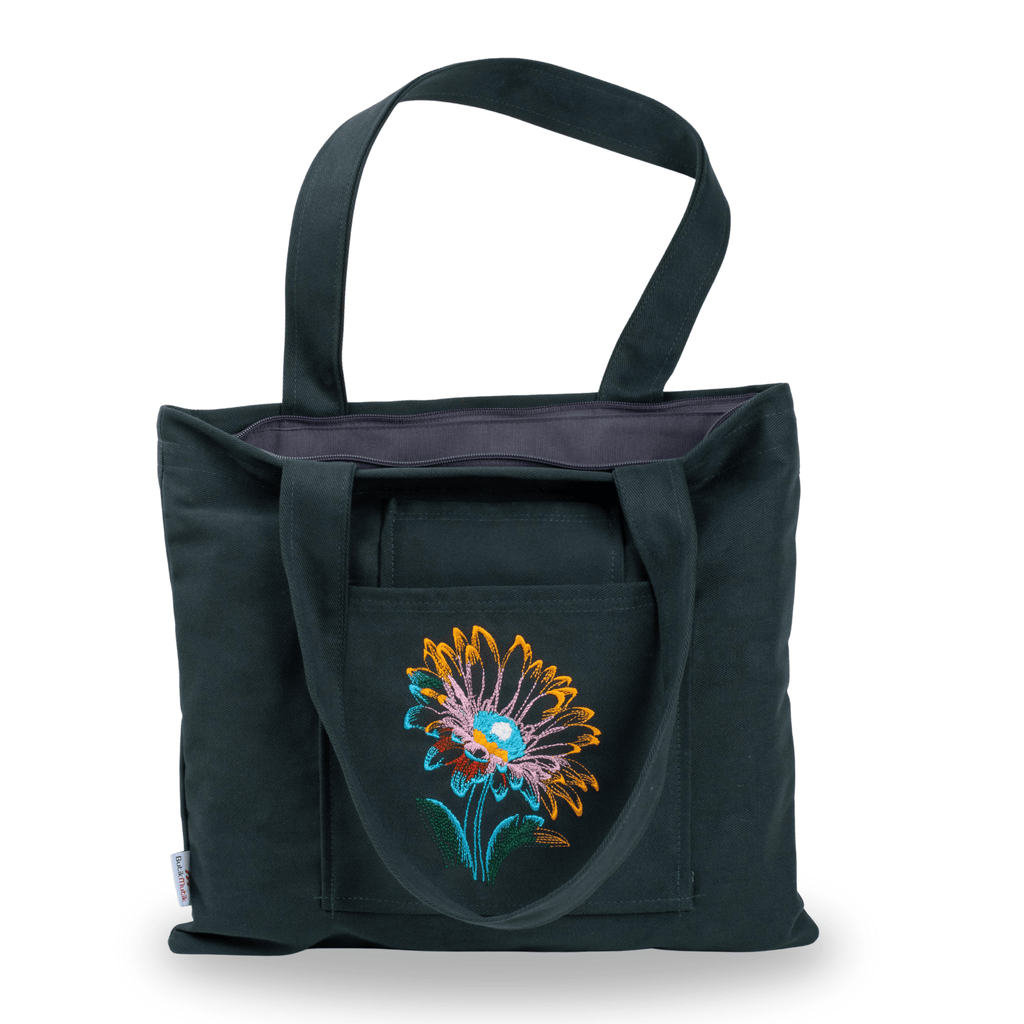 Dark green lotus flower canvas tote