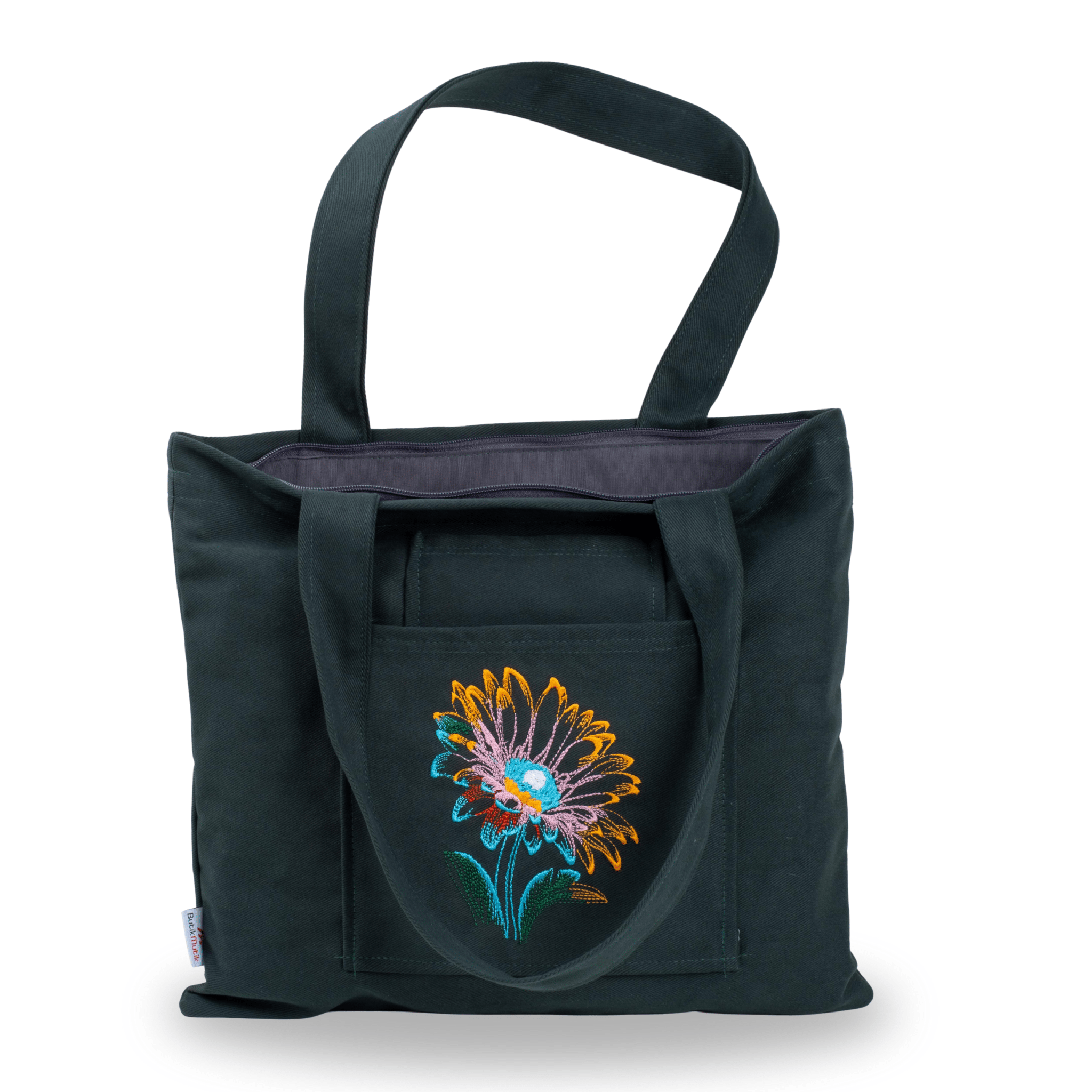 Dark green lotus flower canvas tote