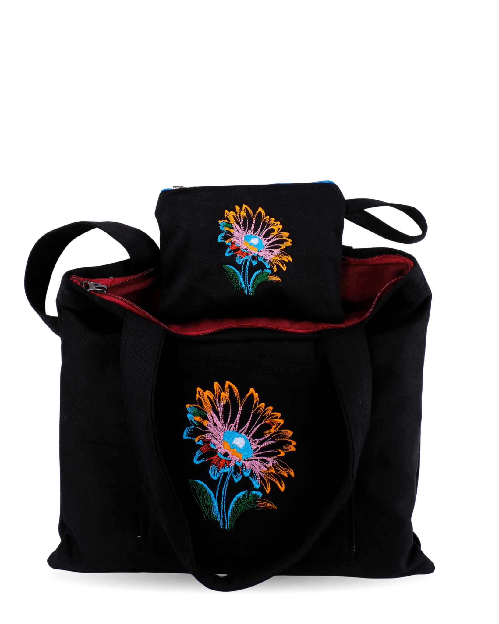 Black canvas tote bag with lotus flower embroidery – canvasbag