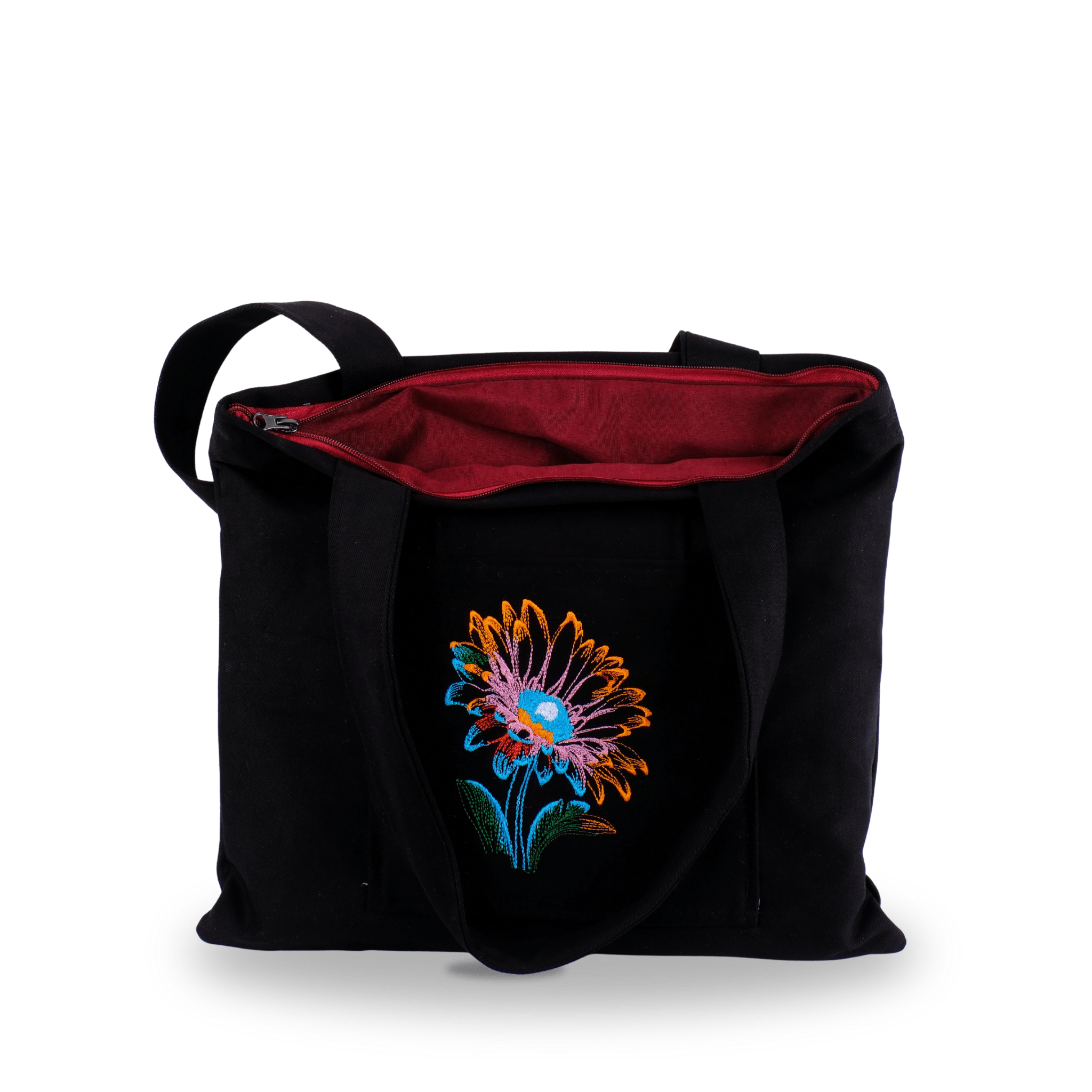 Black gabardine tote with lotus flower embroidery – canvasbag
