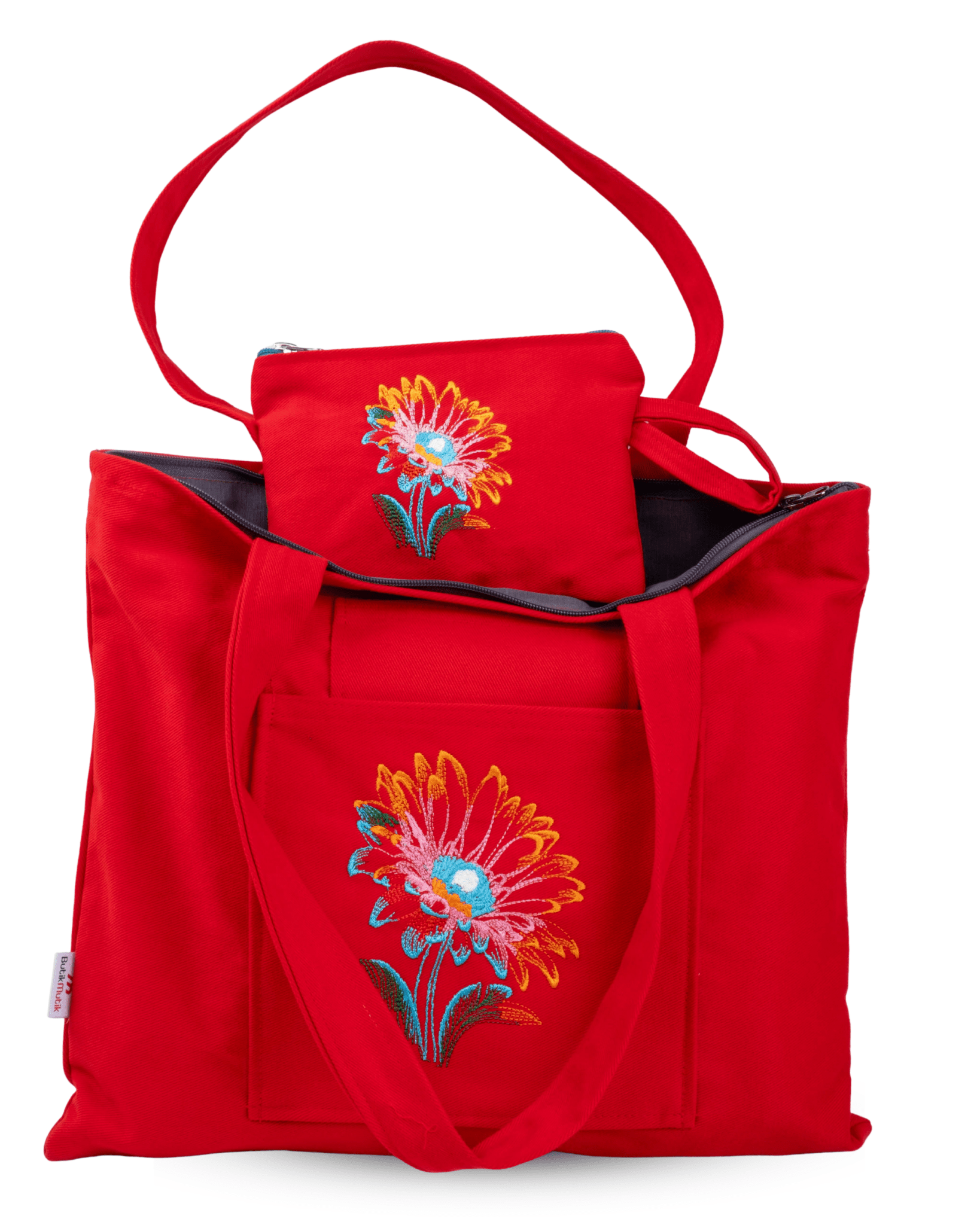 Red canvas tote bag with lotus flower embroidery – canvasbag