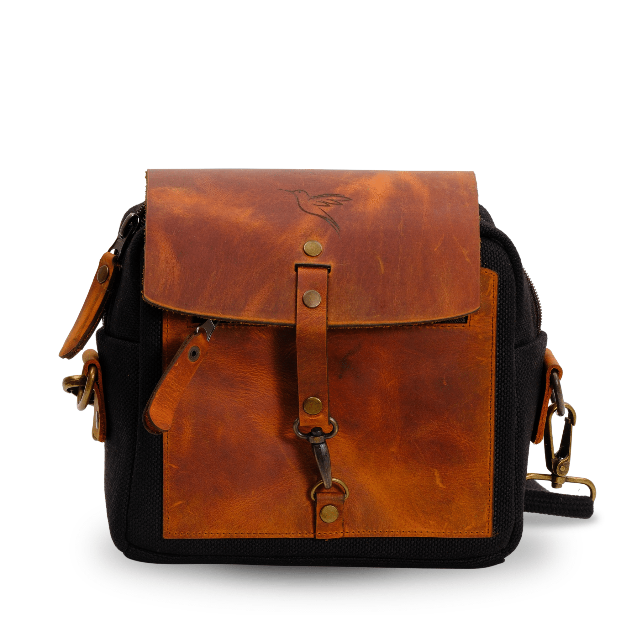 Brown leather and canvas mini crossbody bag – messenger style with flap and buckle