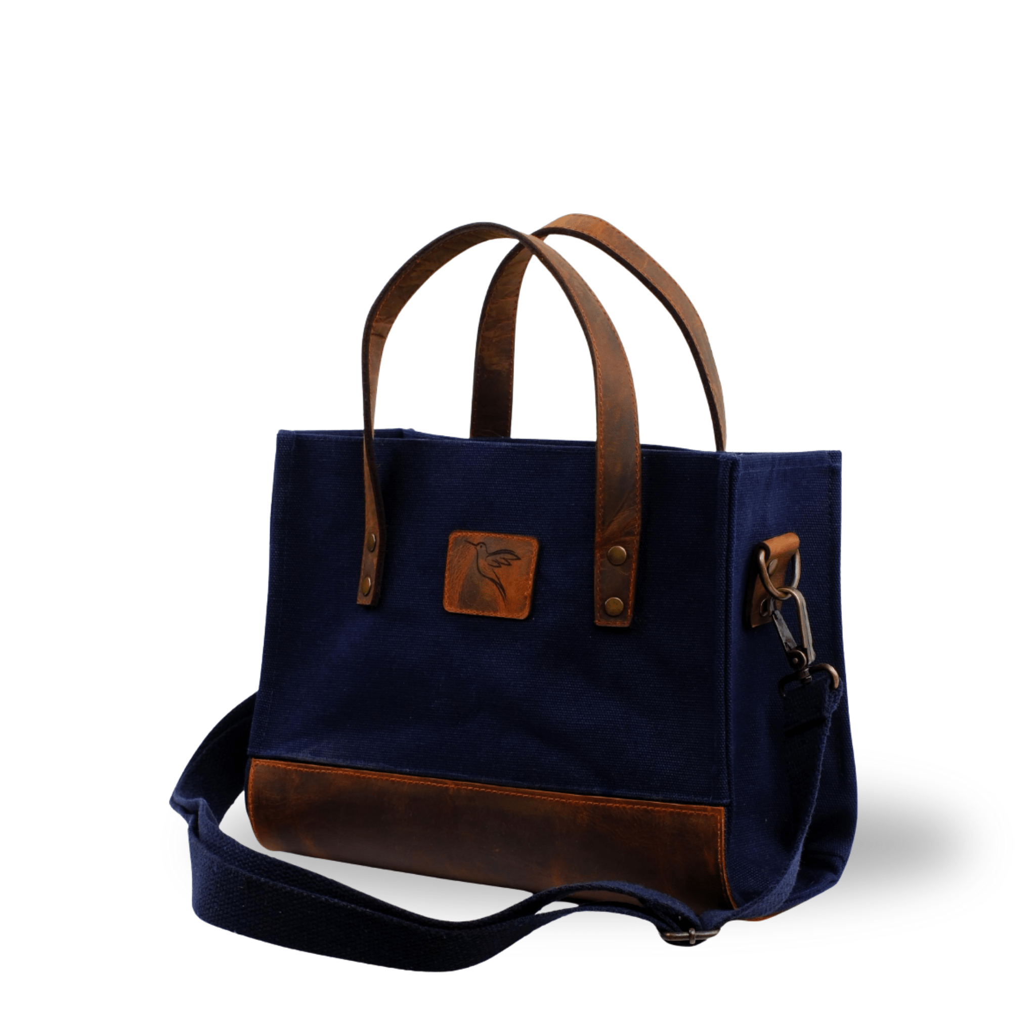 Dark navy canvas & leather bag with front pocket – Nevas collection
