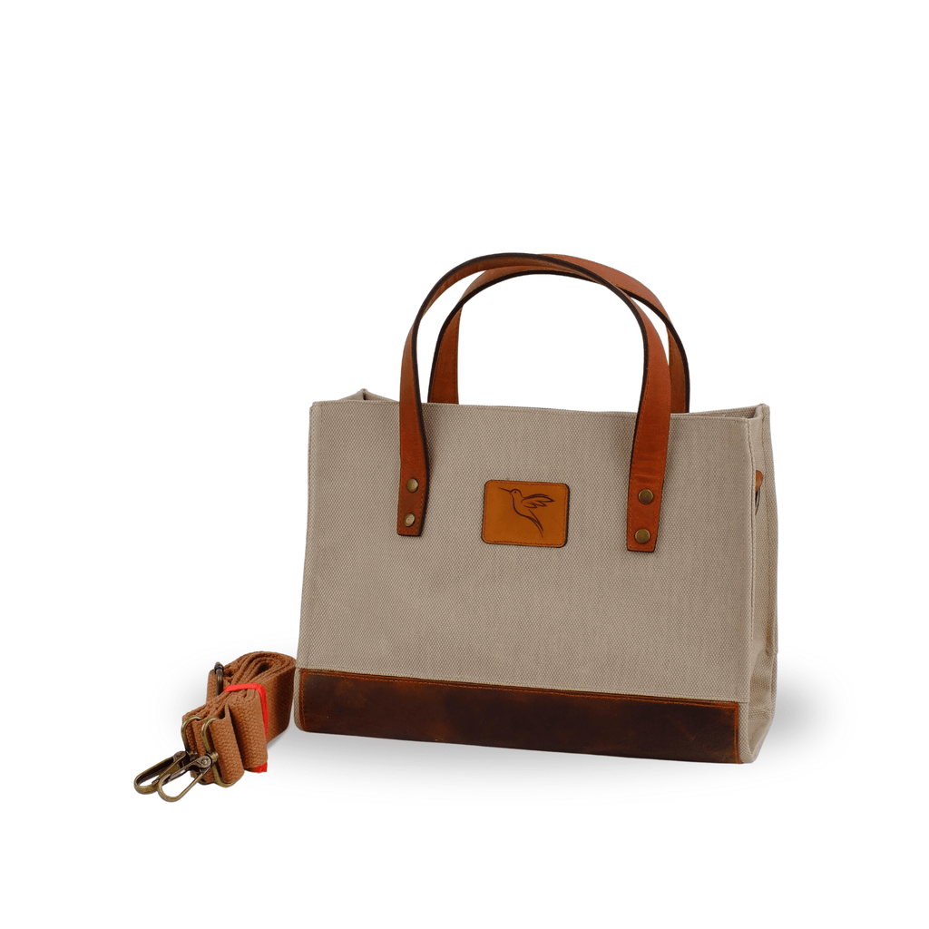 Beige canvas & leather shoulder bag with wristlet – Nevas collection