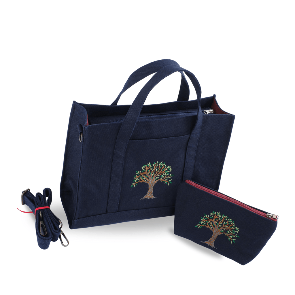 OLİVE TREE - Olive tree embroidered navy canvas bag and wallet – Canvasbag set