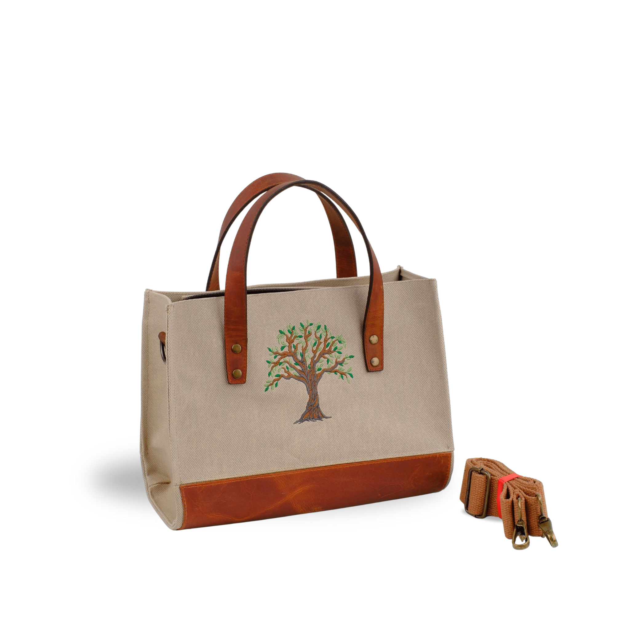 Beige canvas Olive Tree embroidered leather shoulder bag canvasbag