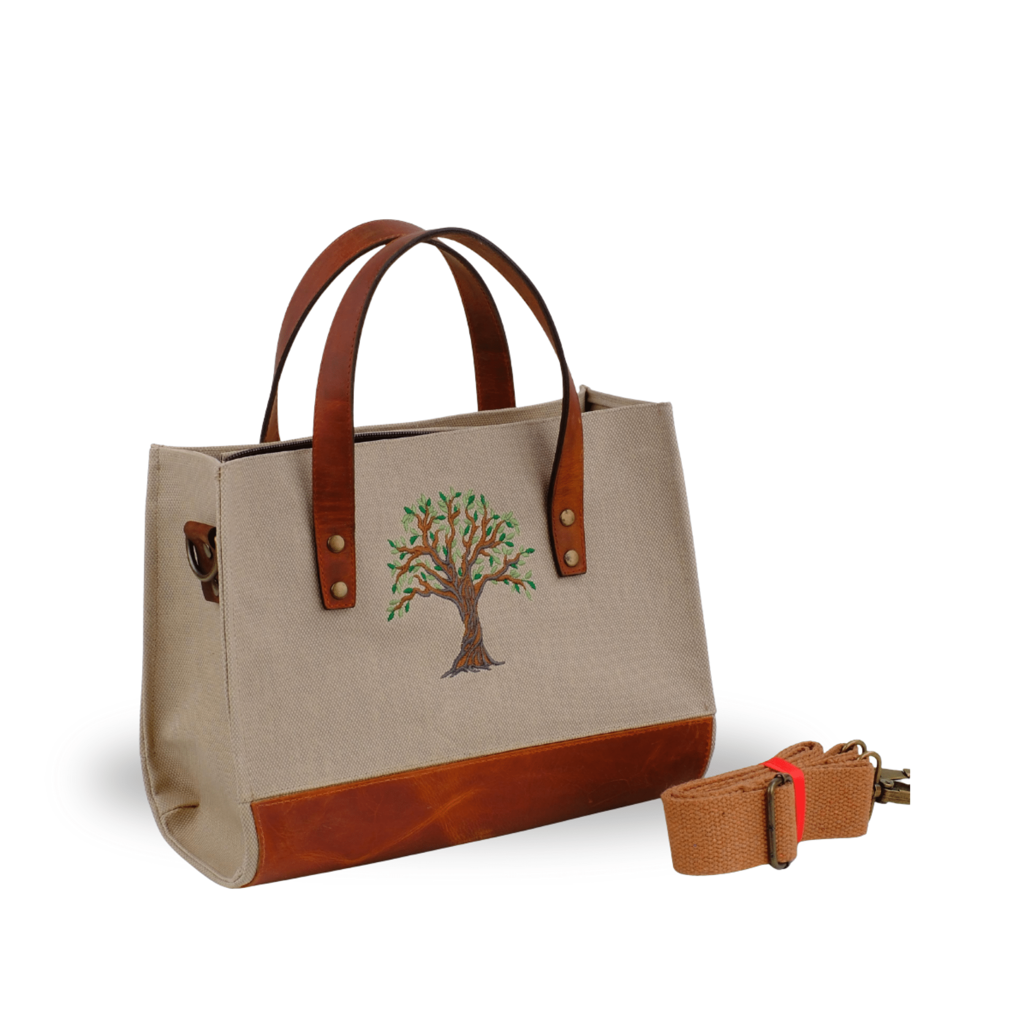Beige canvas Olive Tree embroidered leather shoulder bag