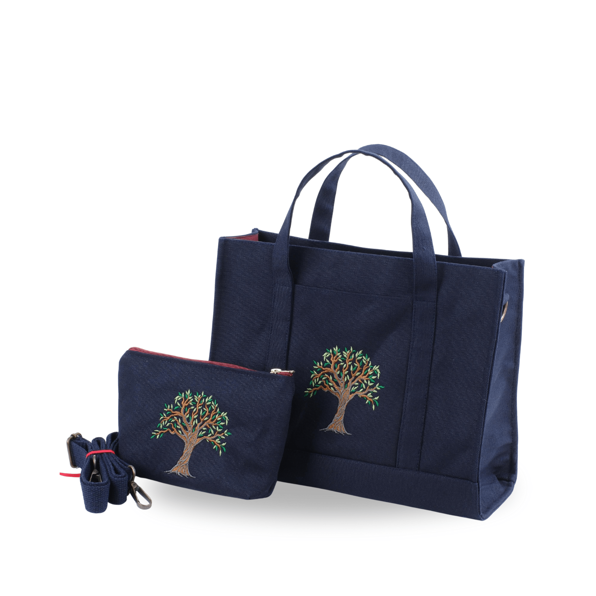 OLİVE TREE - Navy embroidered canvas bag set with olive tree motif – tote and wallet