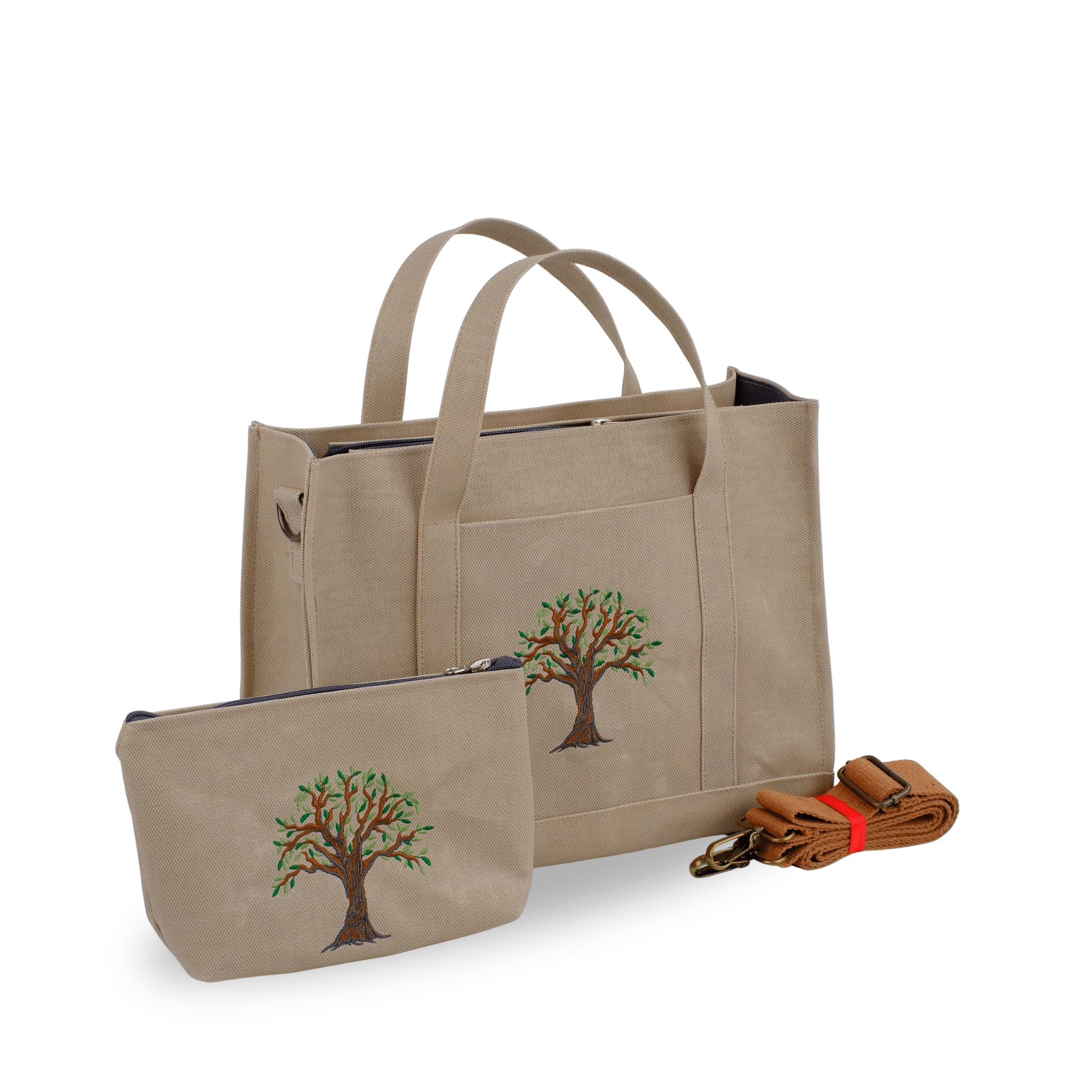 OLİVE TREE - Beige canvas tote and wallet with olive tree embroidery – Canvasbag