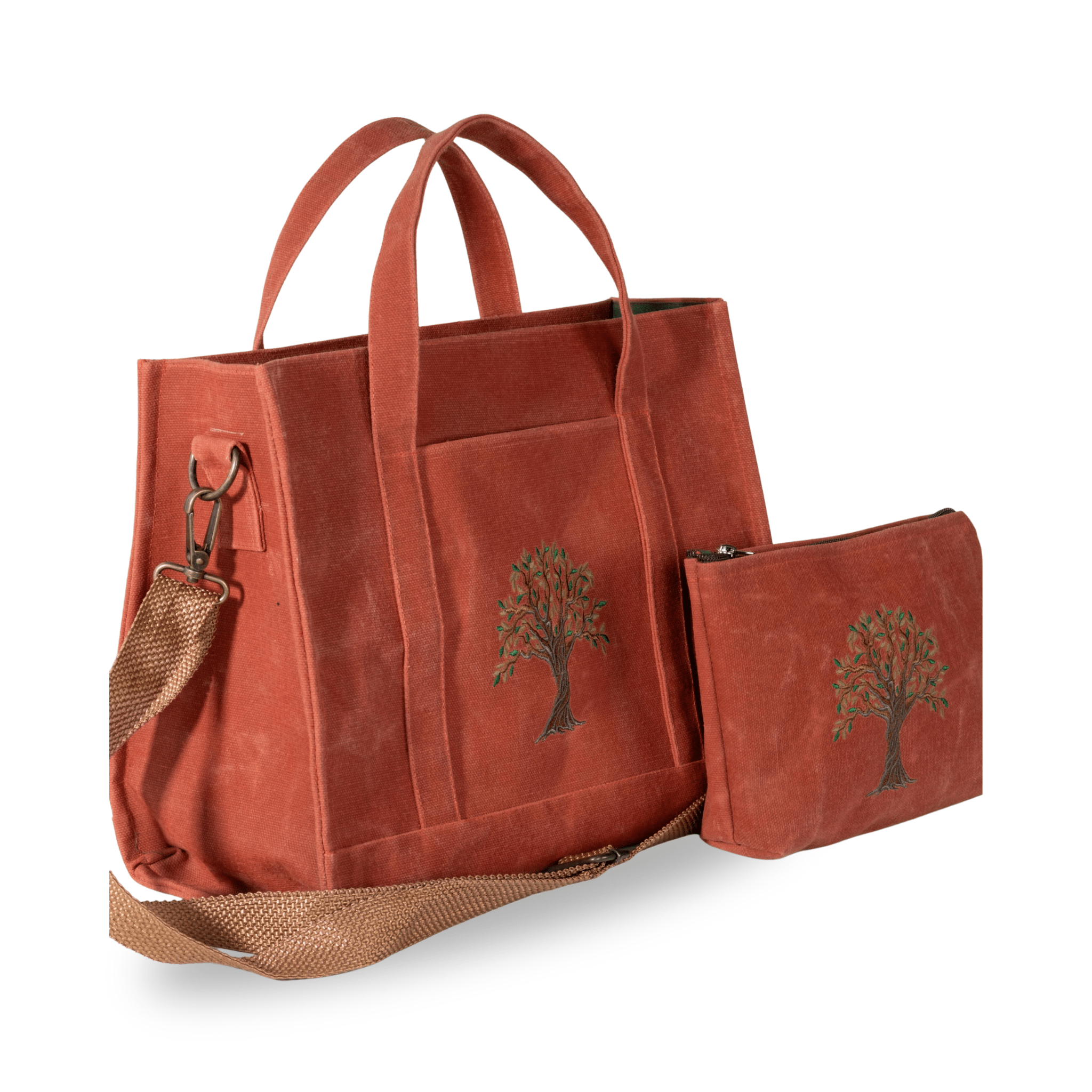 OLİVE TREE - Terracotta canvas tote bag with olive tree embroidery – handmade