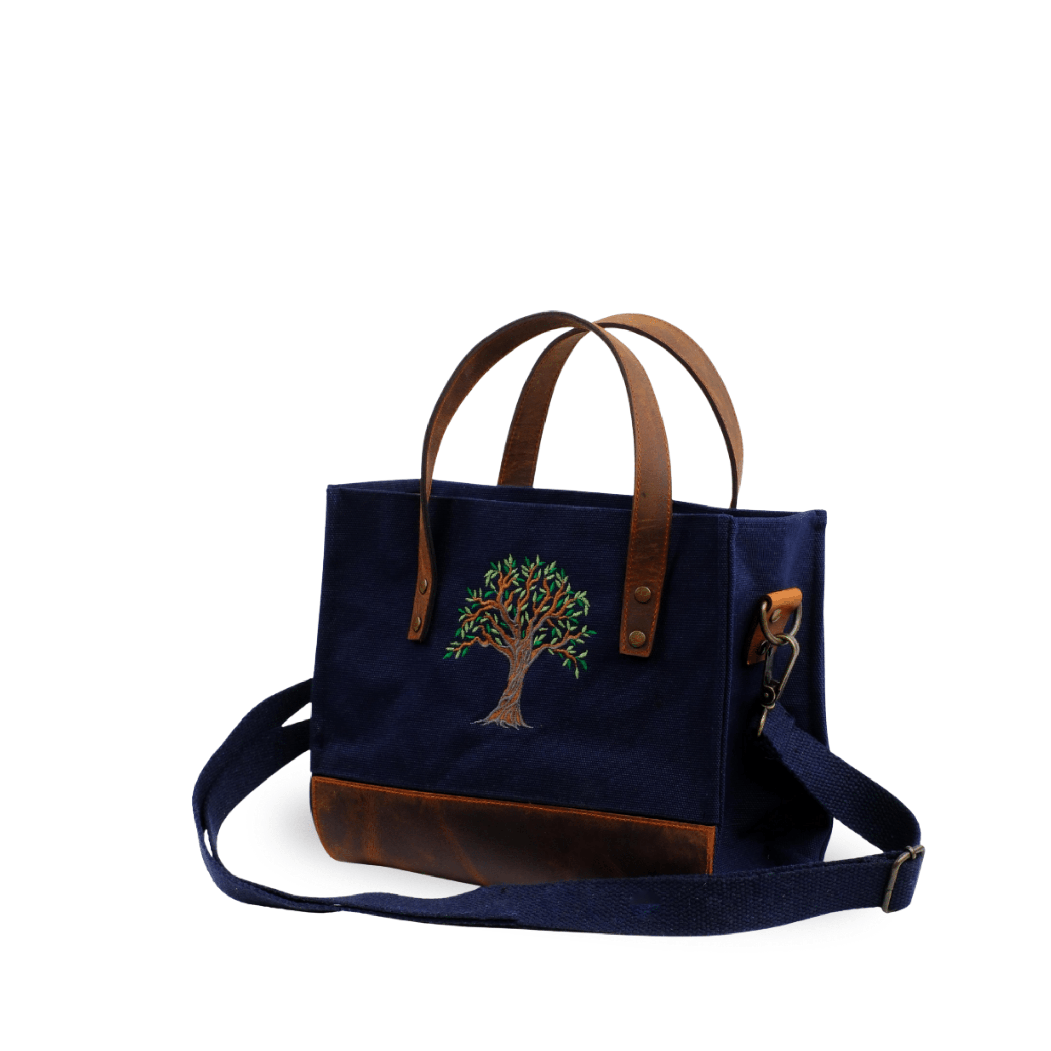 Navy canvas Olive Tree embroidered leather shoulder bag front view- canvasbag