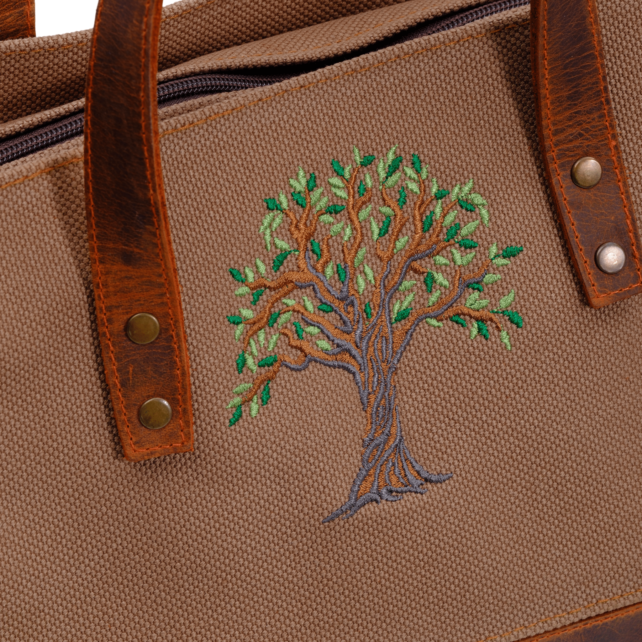 Olive Tree Embroidered Genuine Leather & Canvas Bag - canvasbag