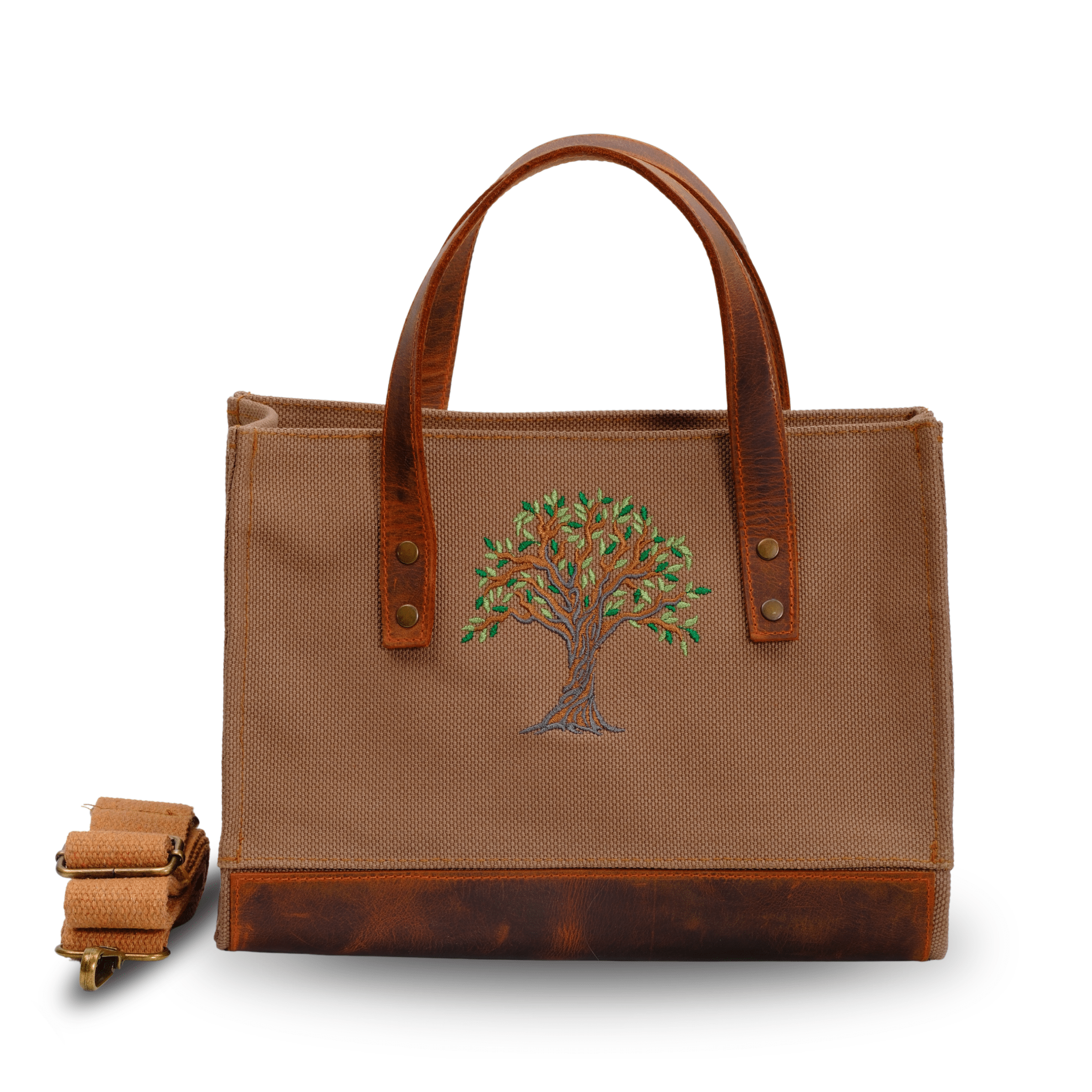 Olive Tree Embroidered Genuine Leather & Canvas Bag - canvasbag