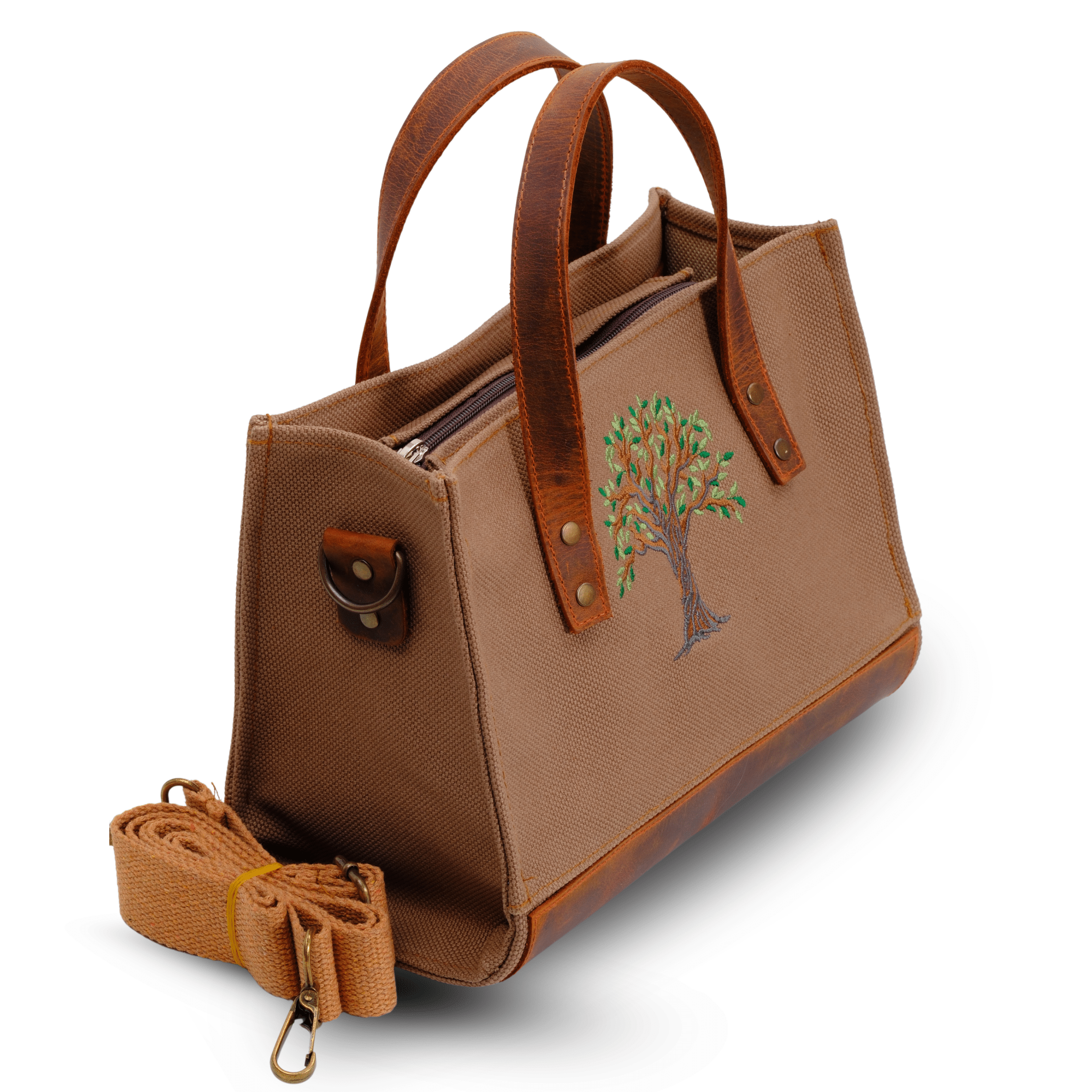 Olive Tree Embroidered Genuine Leather & Canvas Bag - canvasbag