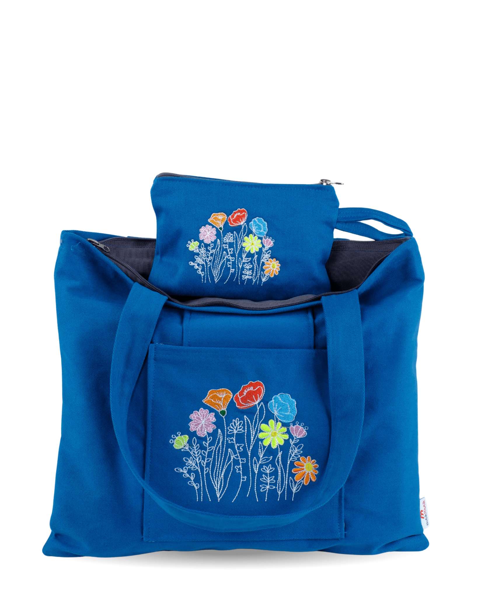 Bright blue canvas bag with red poppy embroidery – fully lined and washable – Canvasbag