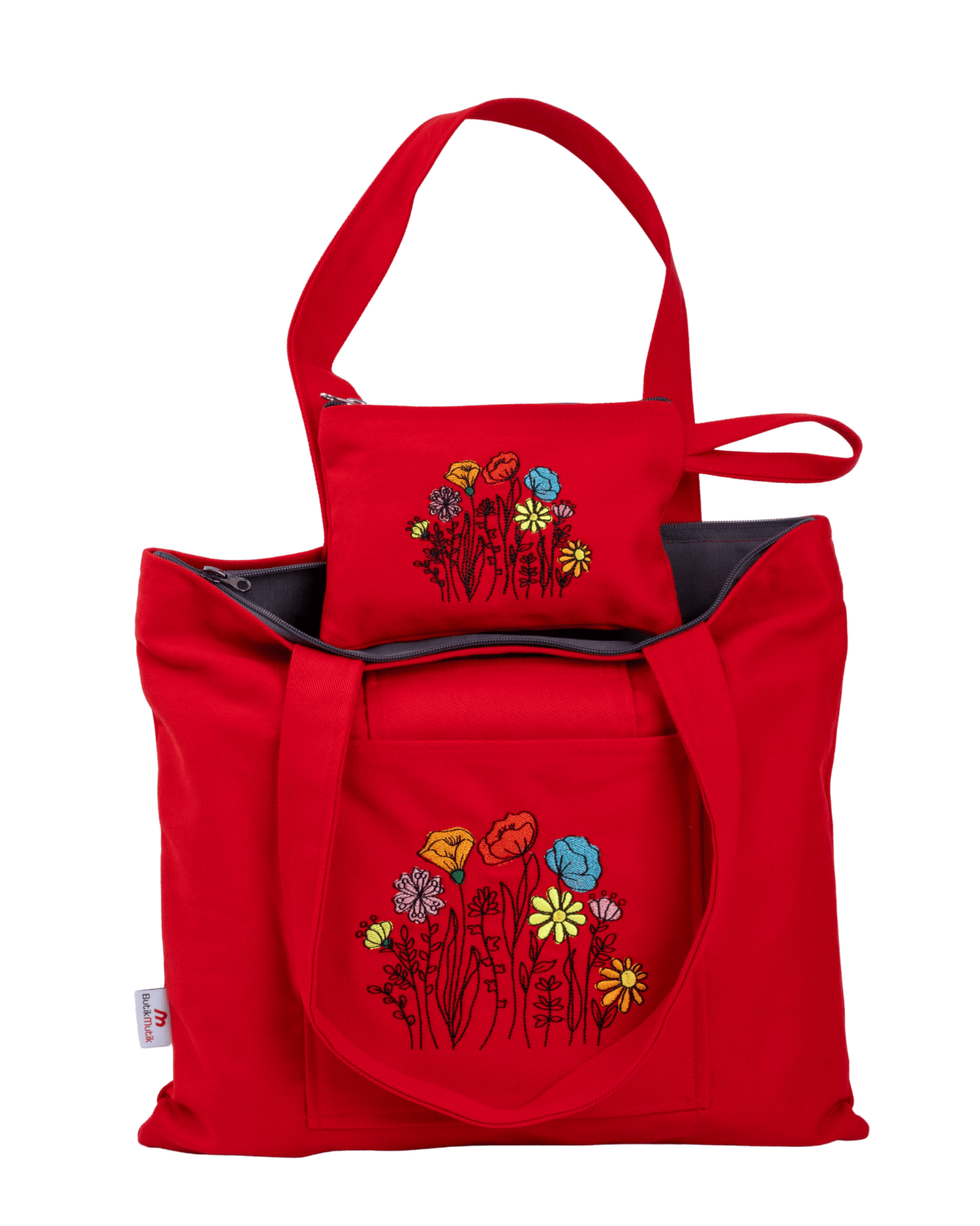 Red canvas tote bag with poppy flower embroidery – zippered & lined – Canvasbag