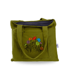 Olive green canvas bag with red poppy embroidery – handmade and eco-friendly – Canvasbag