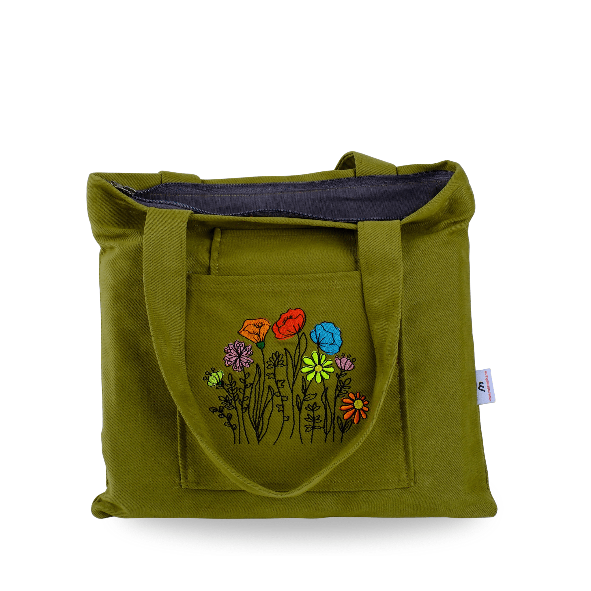 Olive green canvas bag with red poppy embroidery – handmade and eco-friendly – Canvasbag
