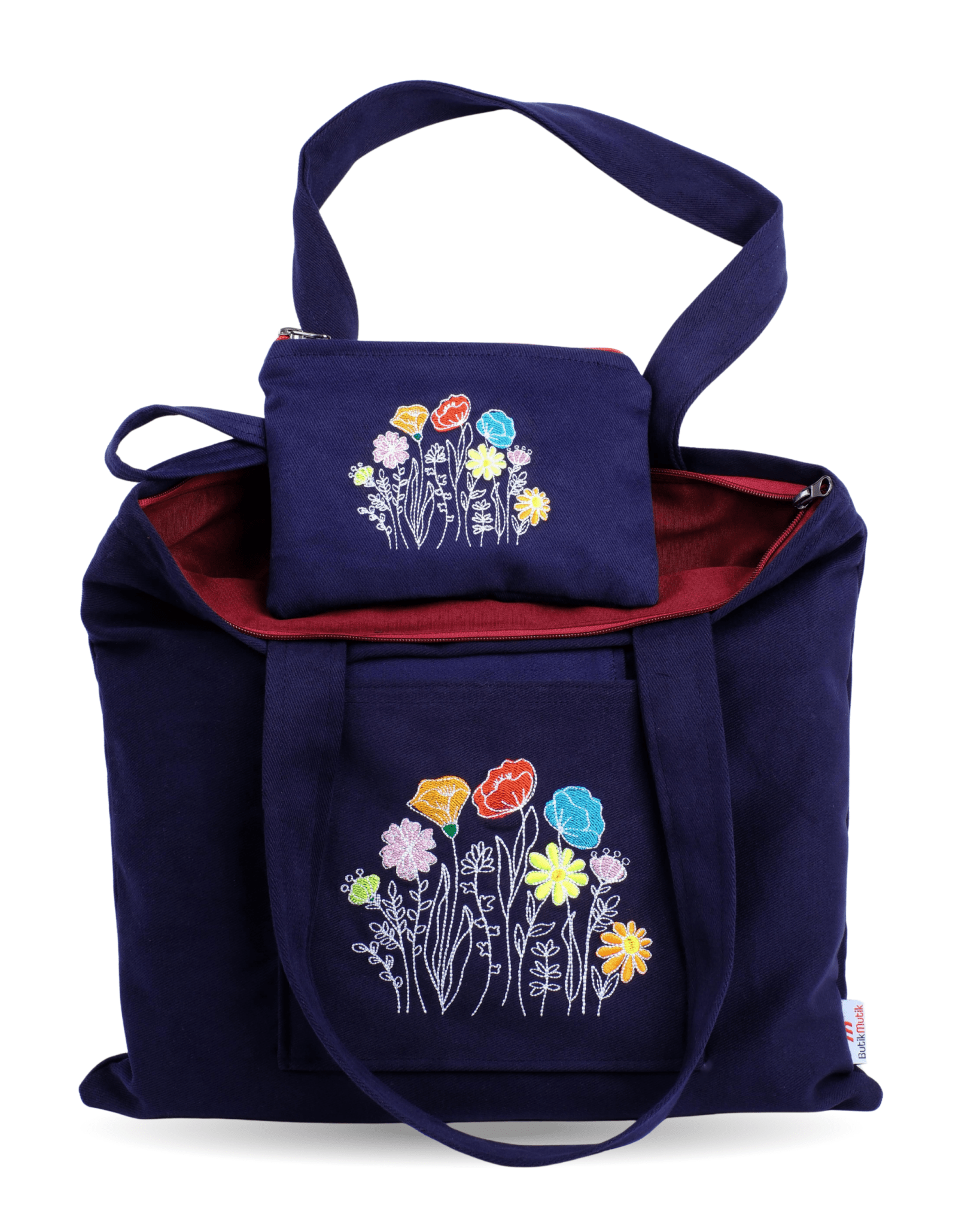 Navy blue canvas tote with embroidered poppies – gabardine fabric – Canvasbag