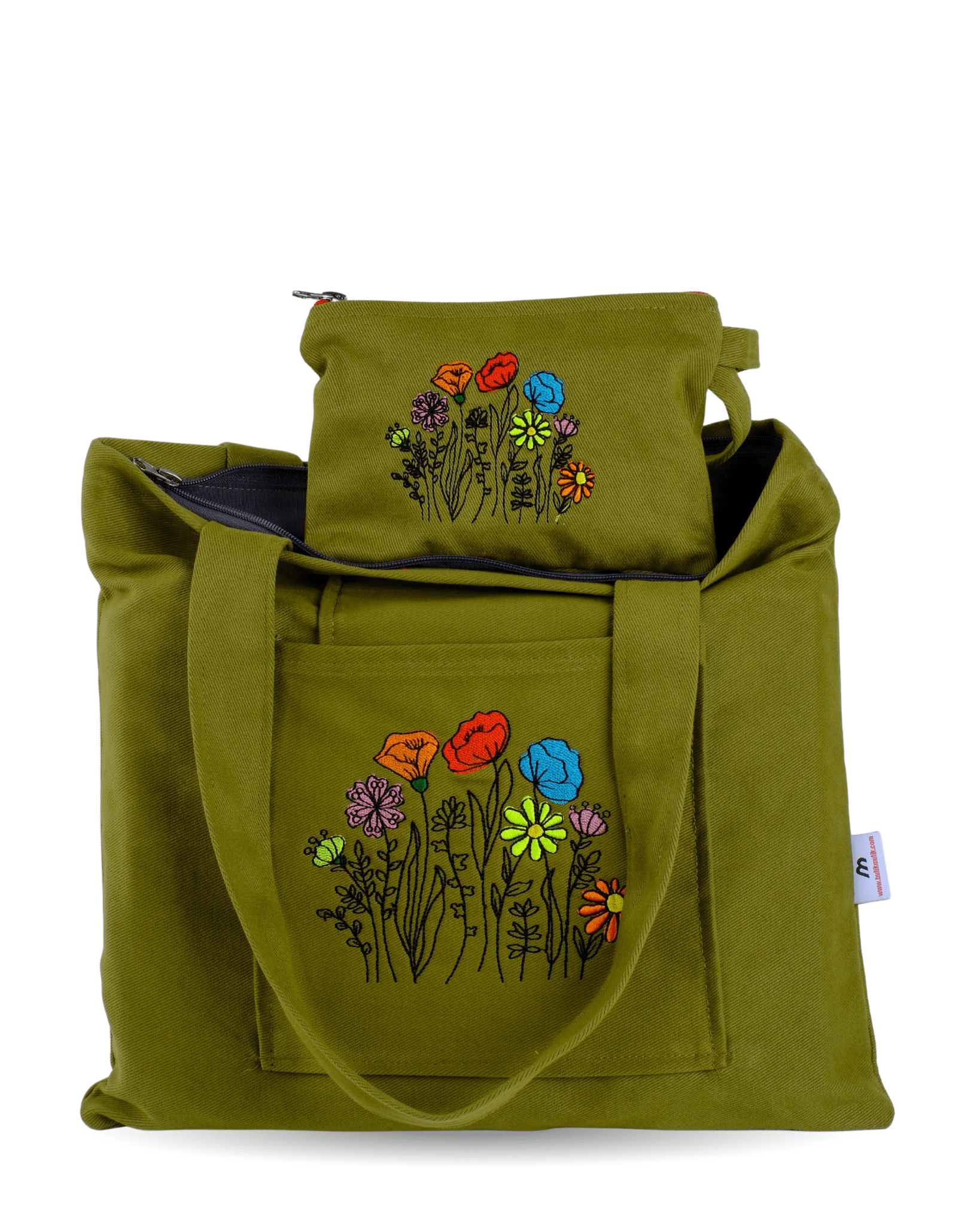 Olive green canvas bag with red poppy embroidery – handmade and eco-friendly – Canvasbag