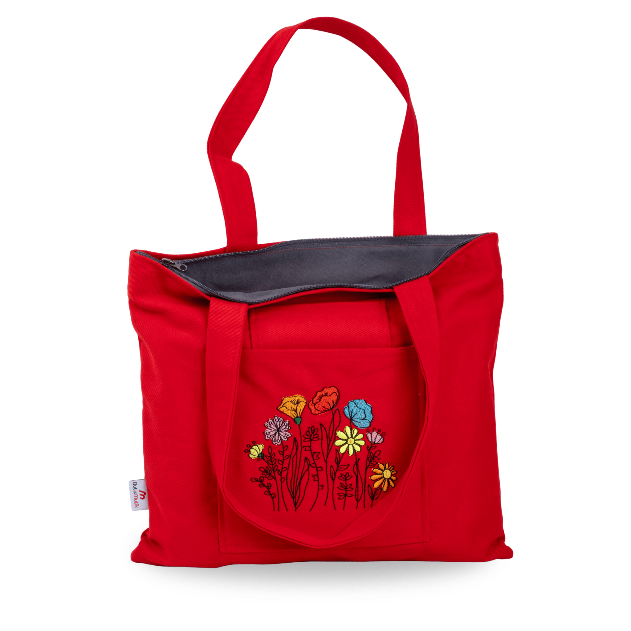 Red poppy embroidered canvas tote – cotton gabardine, ergonomic handles – Canvasbag