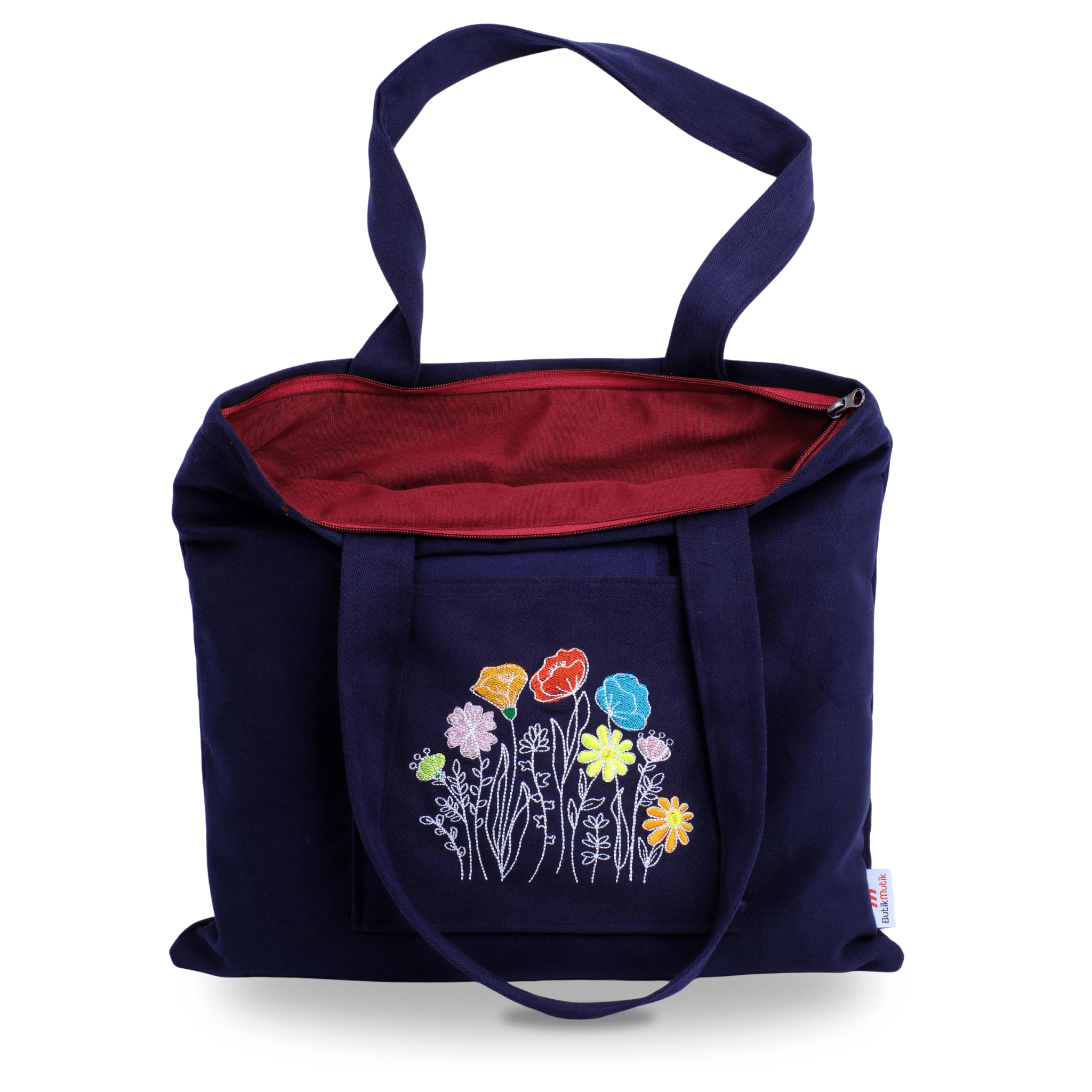 Navy canvas bag and wallet with poppy embroidery – fully lined and functional – Canvasbag