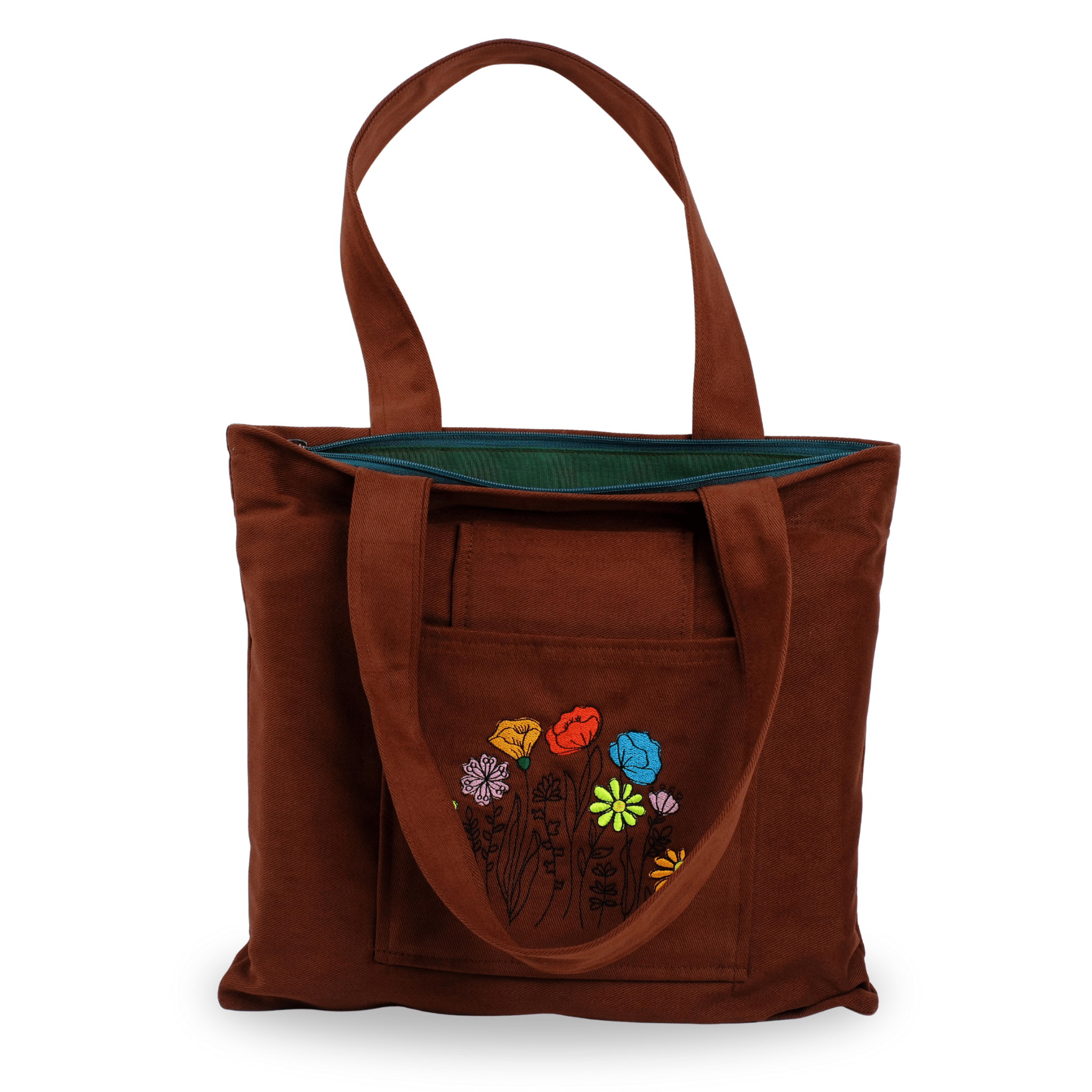 Brown canvas tote with red poppy flowers – handmade zippered bag – Canvasbag