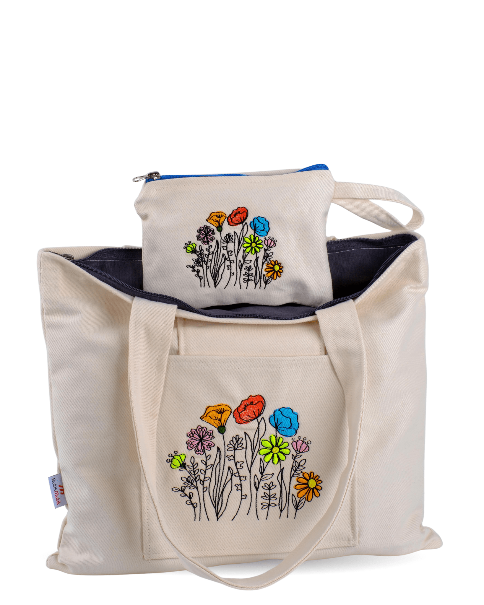 Cream-colored canvas bag with poppy garden motif – lightweight & durable – Canvasbag