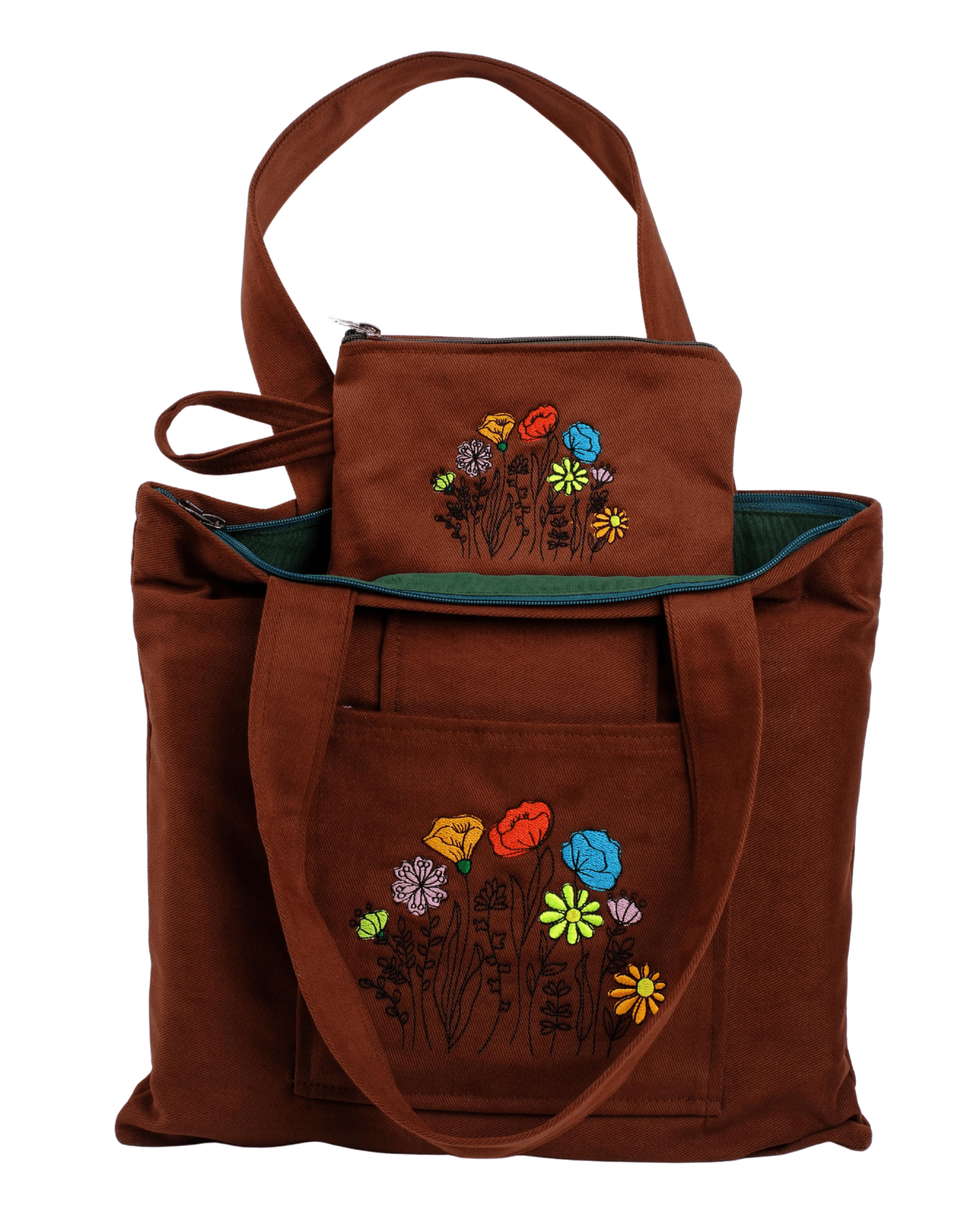 Brown canvas shoulder bag with floral poppy embroidery – zippered & lined – Canvasbag
