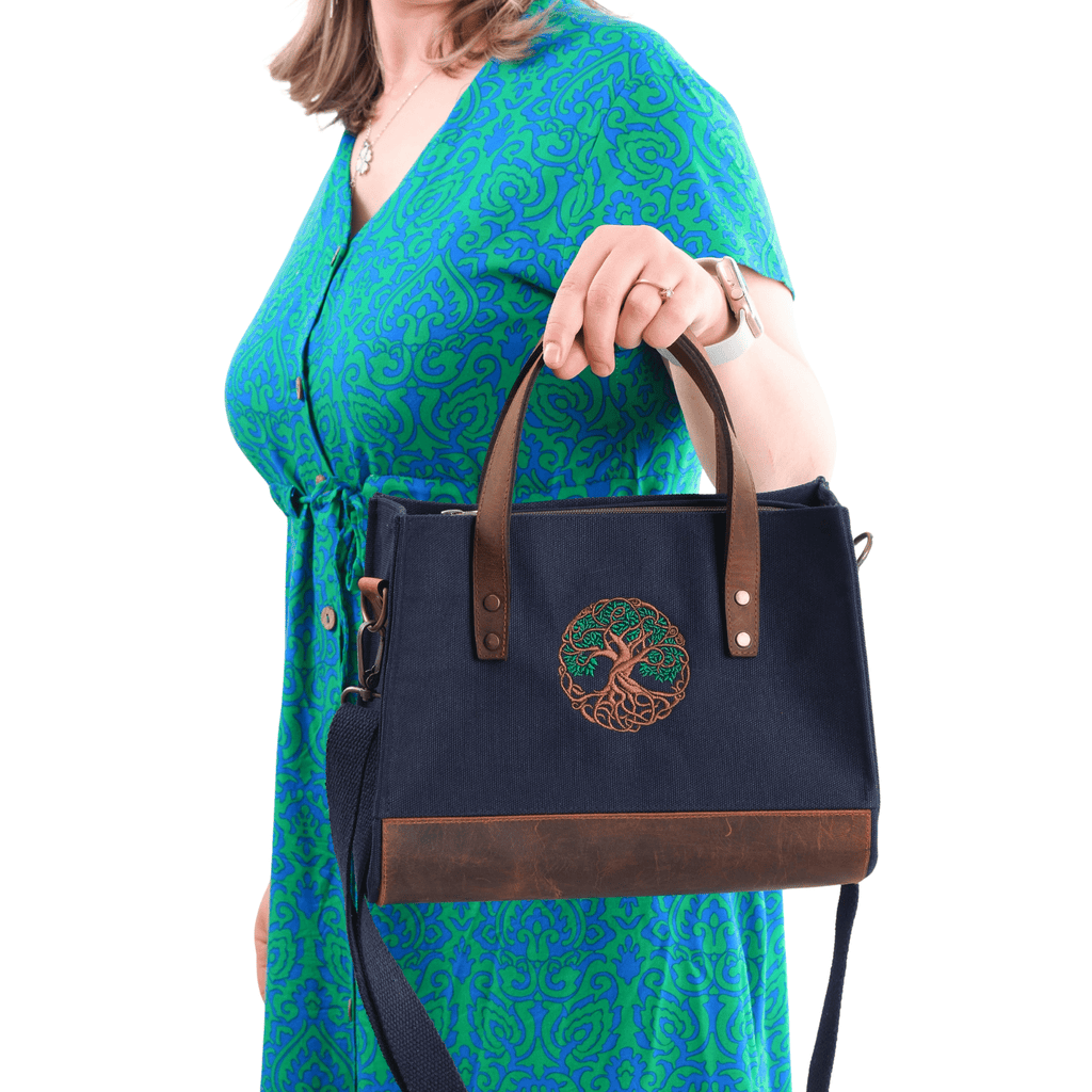 Tree of Life – Dark navy canvas bag with front leather pocket